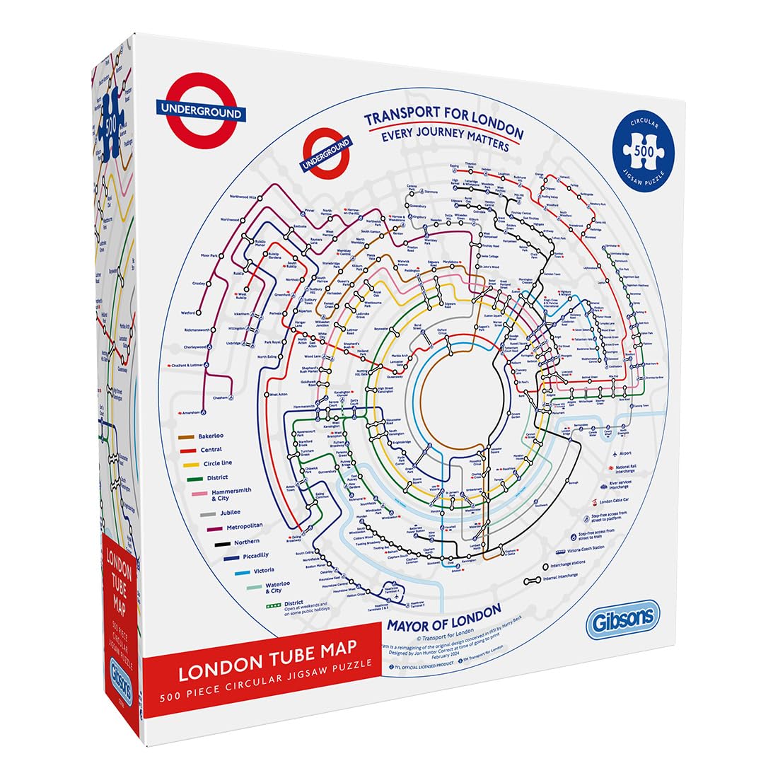Gibsons Round London Tube Map 500 Piece Circular Jigsaw Puzzle for Adults & Teens – Challenging Underground Puzzle Thick Sustainable 100% Recycled Board, TFL Transport for London, UK Made British Gift