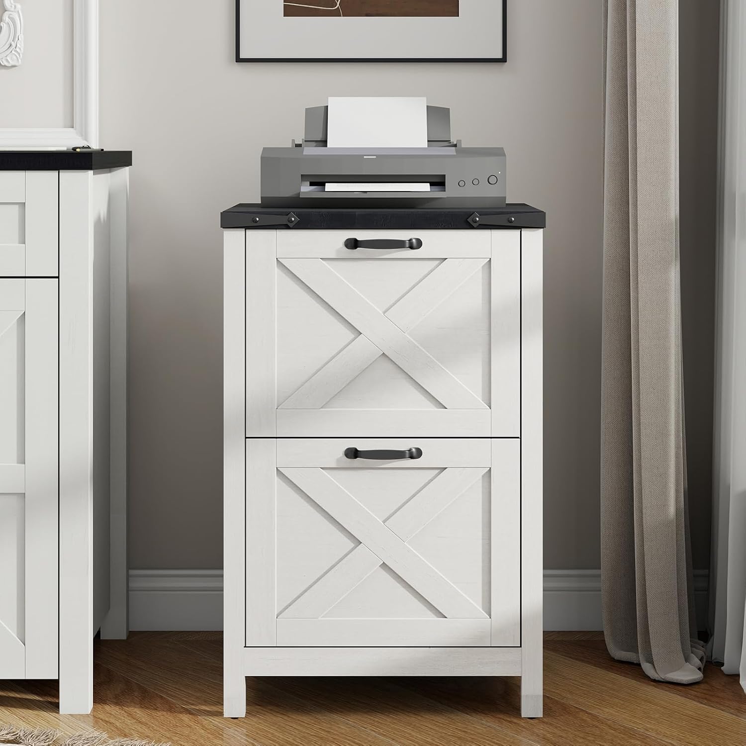 Vabches Vertical File Cabinet with 2 Drawers, Wooden Farmhouse Filing Cabinet for Letter/A4 Size Hanging Files, Under Desk Printer Stand with Storage for Home Office, White and Black