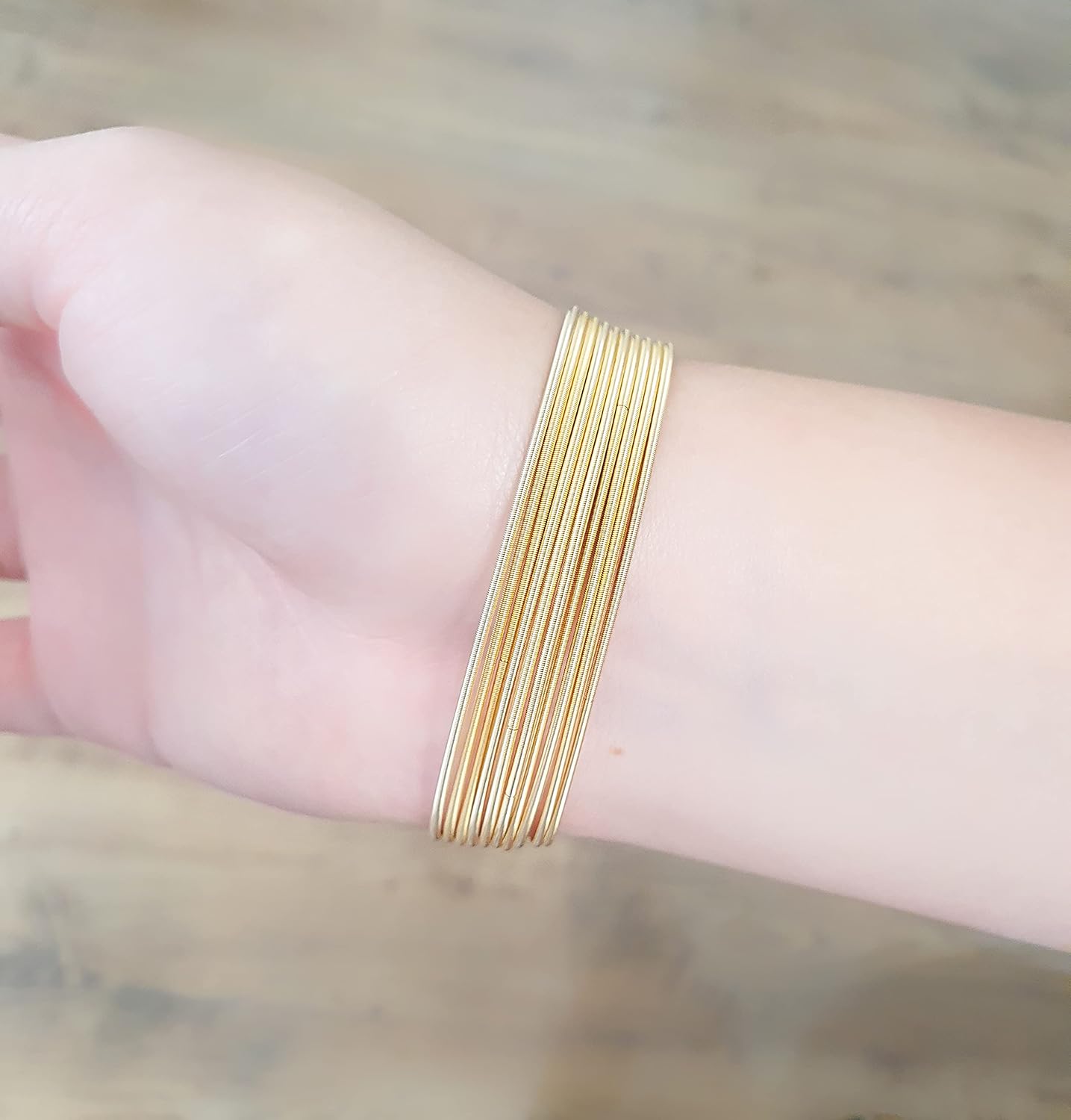 Guitar String Spring Stainless Steel Set of 10 Bracelets Gold Color Thin Stackable Layered Flexible Length 7 Inch