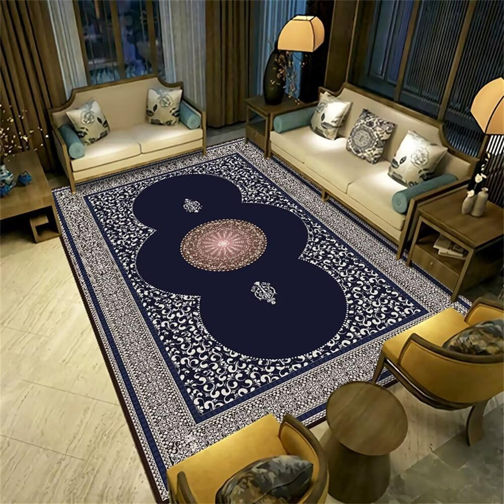 Tapis de salon grand format chemin de couloir bleu à motif rétro floral 200x300