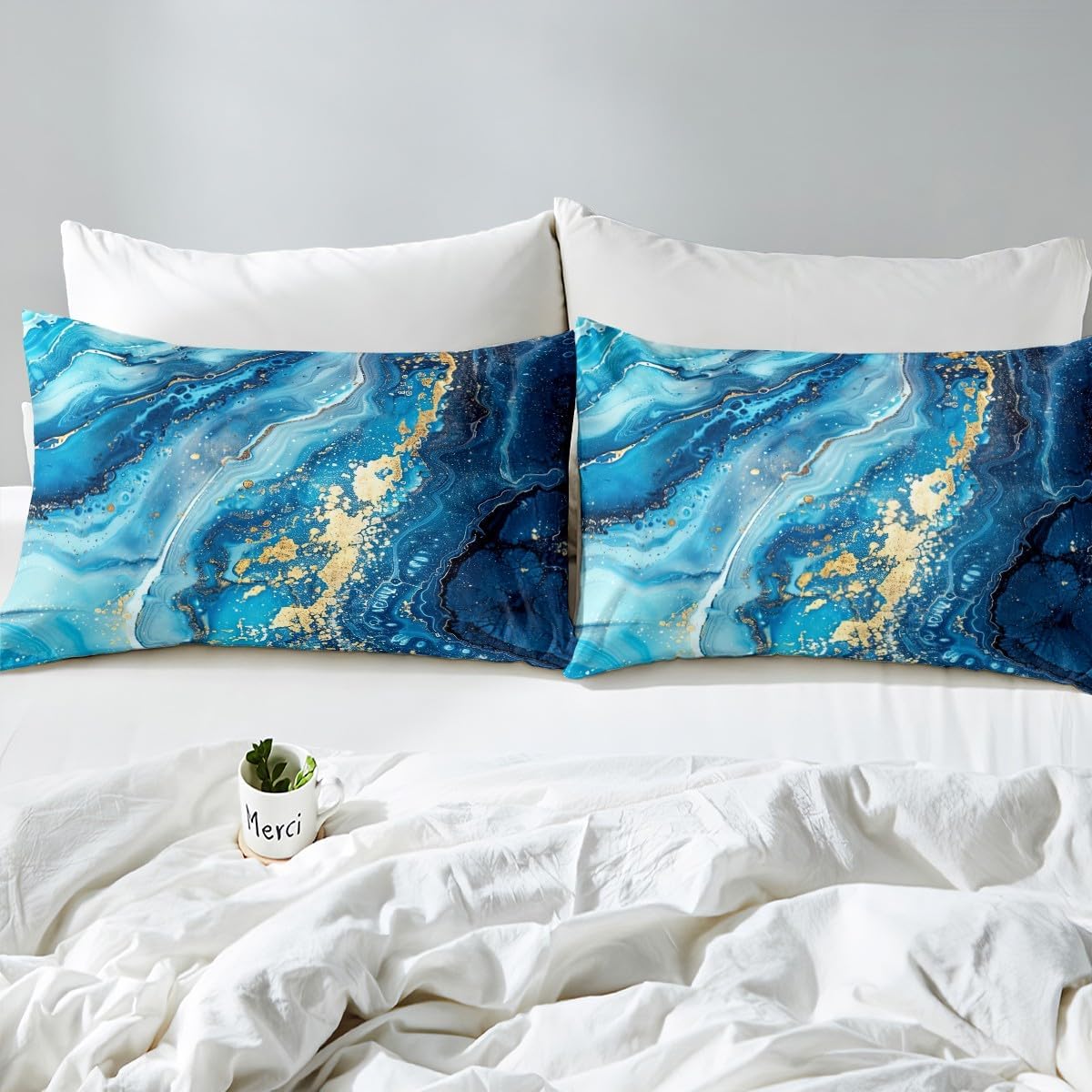 Erosebridal Blue Marble Duvet Cover, Stone Pattern Fluid Bedding Set Full for Kids Boys Teens Adult,Gold Glitter Abstract Marbling Comforter Cover Metallic Marble Texture Quilt Cover,2 Pillow Cases