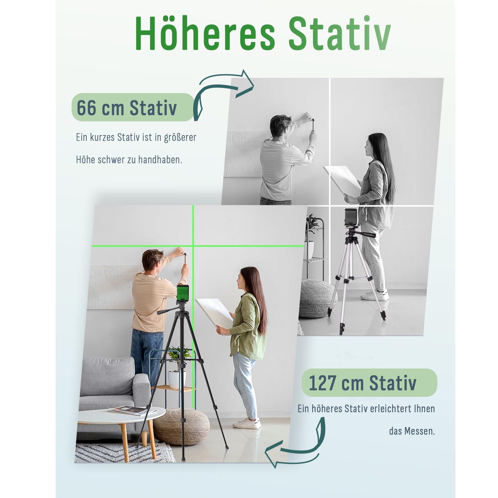 Kreuzlinienlaser mit 127 cm Stativ, Lusweimi Laser Wasserwaage, Grüner 360°-Selbstnivellierungs Laserstrahl, zum Aufhängen von Bildern/Baustellen/Inneneinrichtung/DIY, Mit 4xAA Batterien (Schwarz)