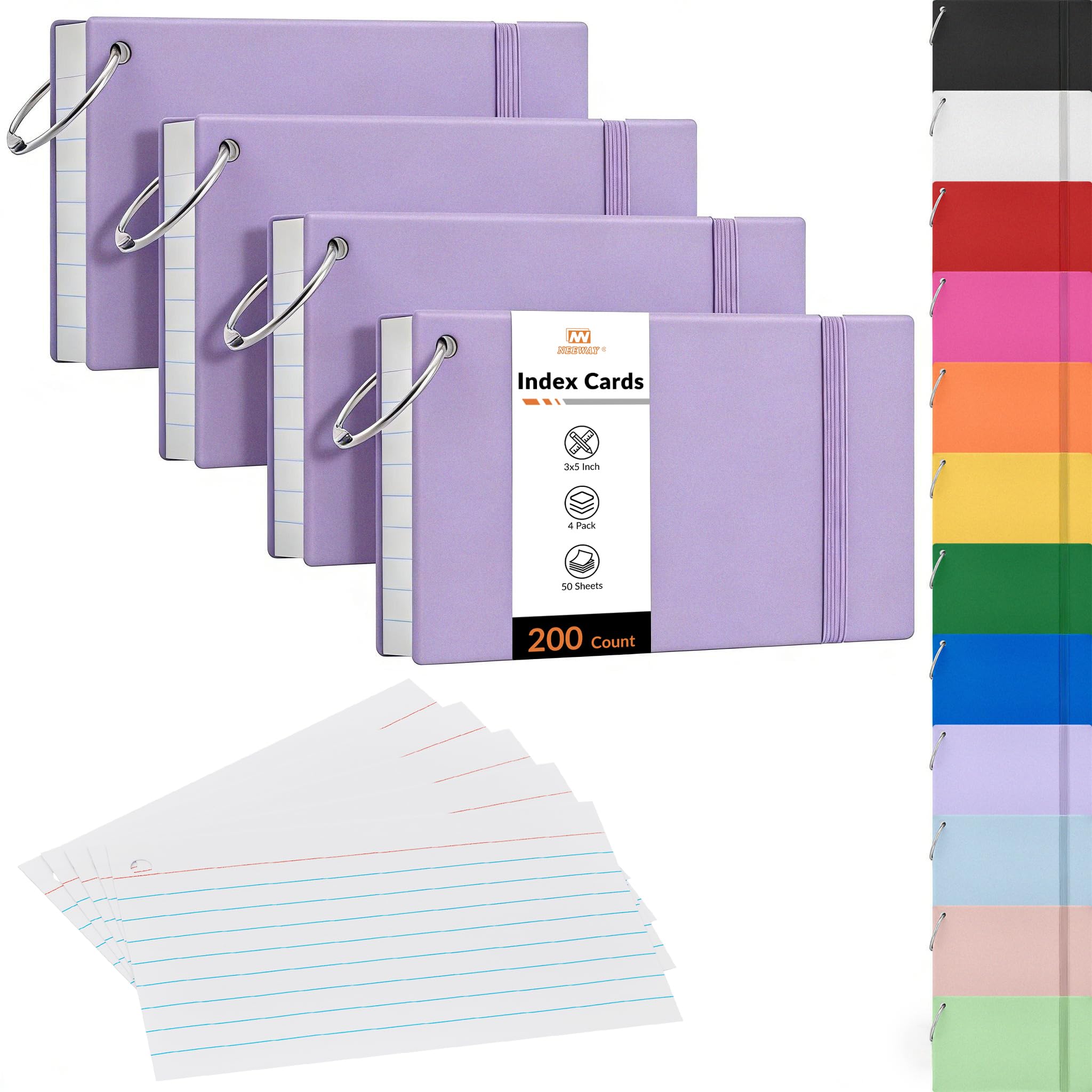 NEEWAY Ruled Index Cards with Ring 3x5 Inches, 200 Count Note Cards Lined, Flash Cards with Rings for Studying, Home and Office (Light Purple)