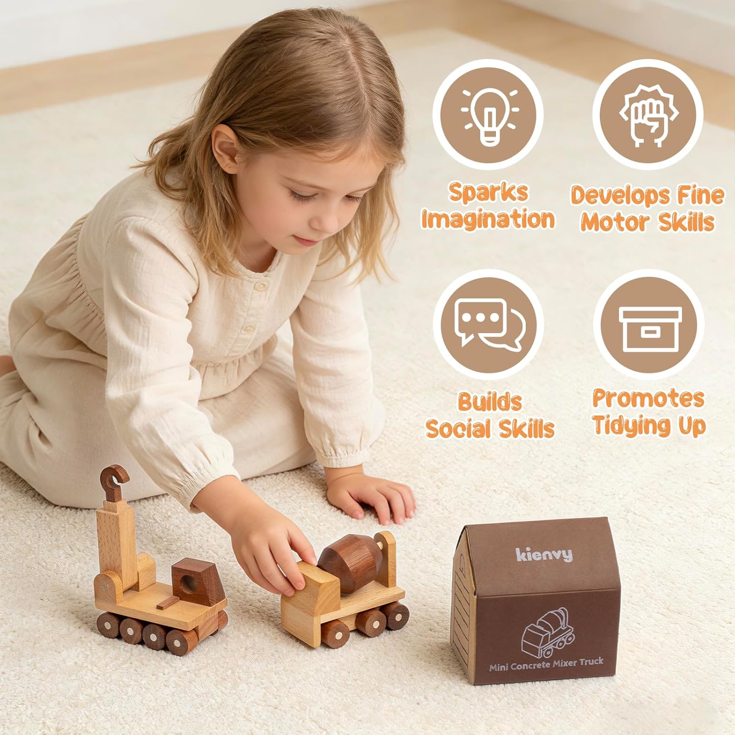 Wooden Toy Cars for 3 Year Old Boys & Girls - Construction Vehicles Set Push Toys for Toddlers, Wood Montessori Car with Rolling Wheels, Natural Wood Toys (Crane & Concrete Mixer Truck)