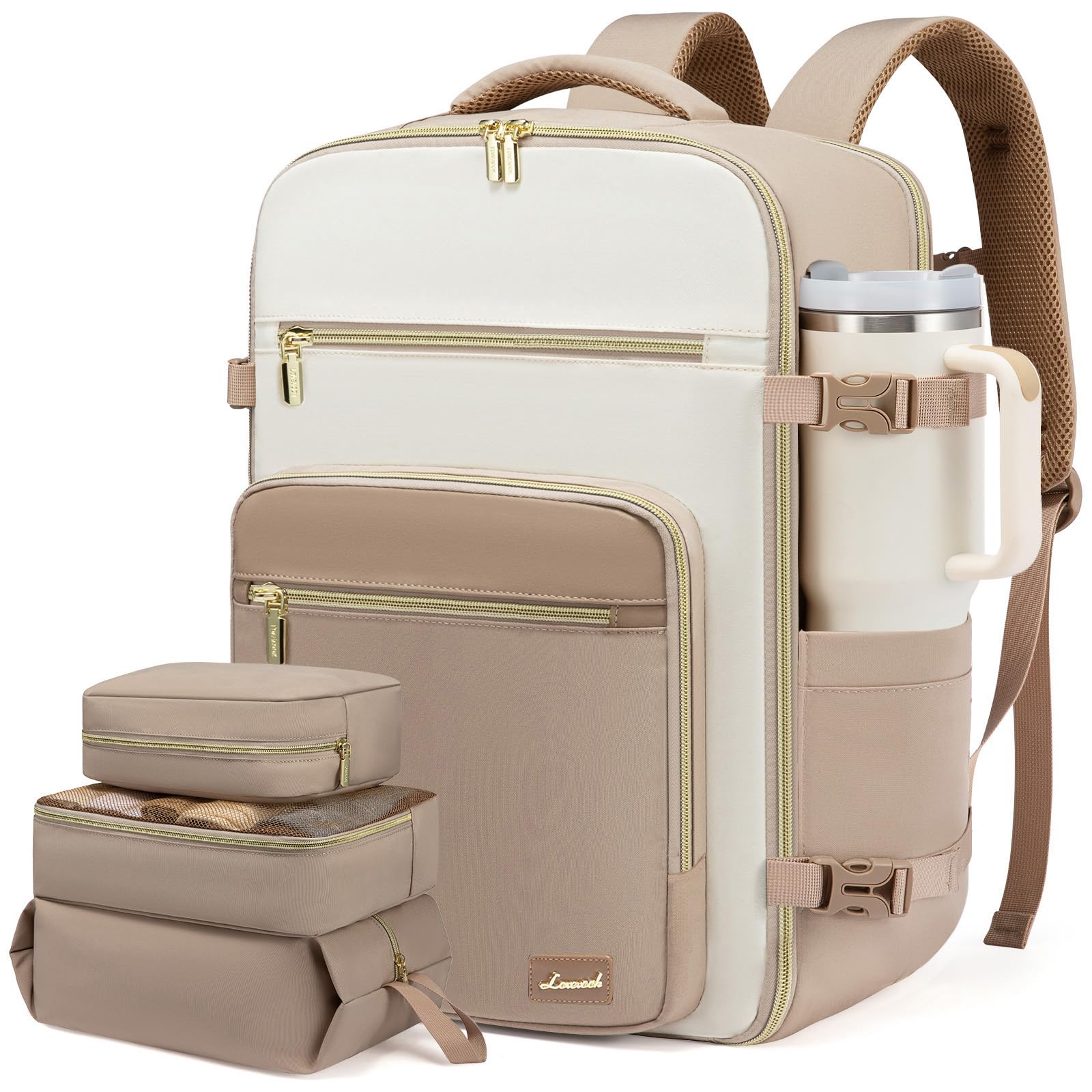 LOVEVOOK Travel Backpack For Women,40L Carry On Backpack Flight Approved,TSA Personal Item Travel Bag Fits 17 Inch Laptop,Weekender Overnight Daypack with Toiletry Bag and Cube,White Light-brown