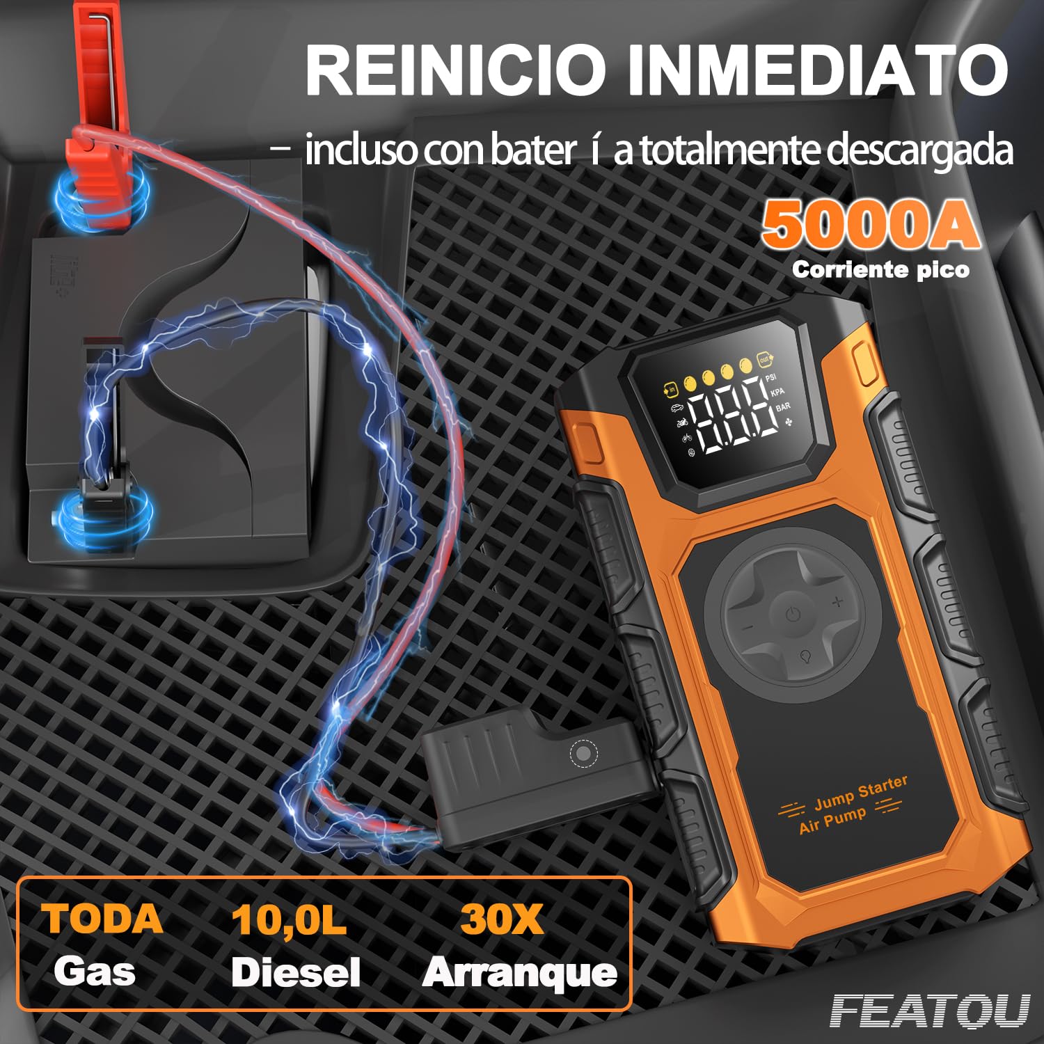Arrancador de Baterias de Coche con Compresor Aire, 5000A 12V Arrancador de Coches(Toda Gas/10L Diesel), 7en1 Profesional Portatil Jump Starter Cargador Bateria con 150PSI Inflador/18W Carga Rápida