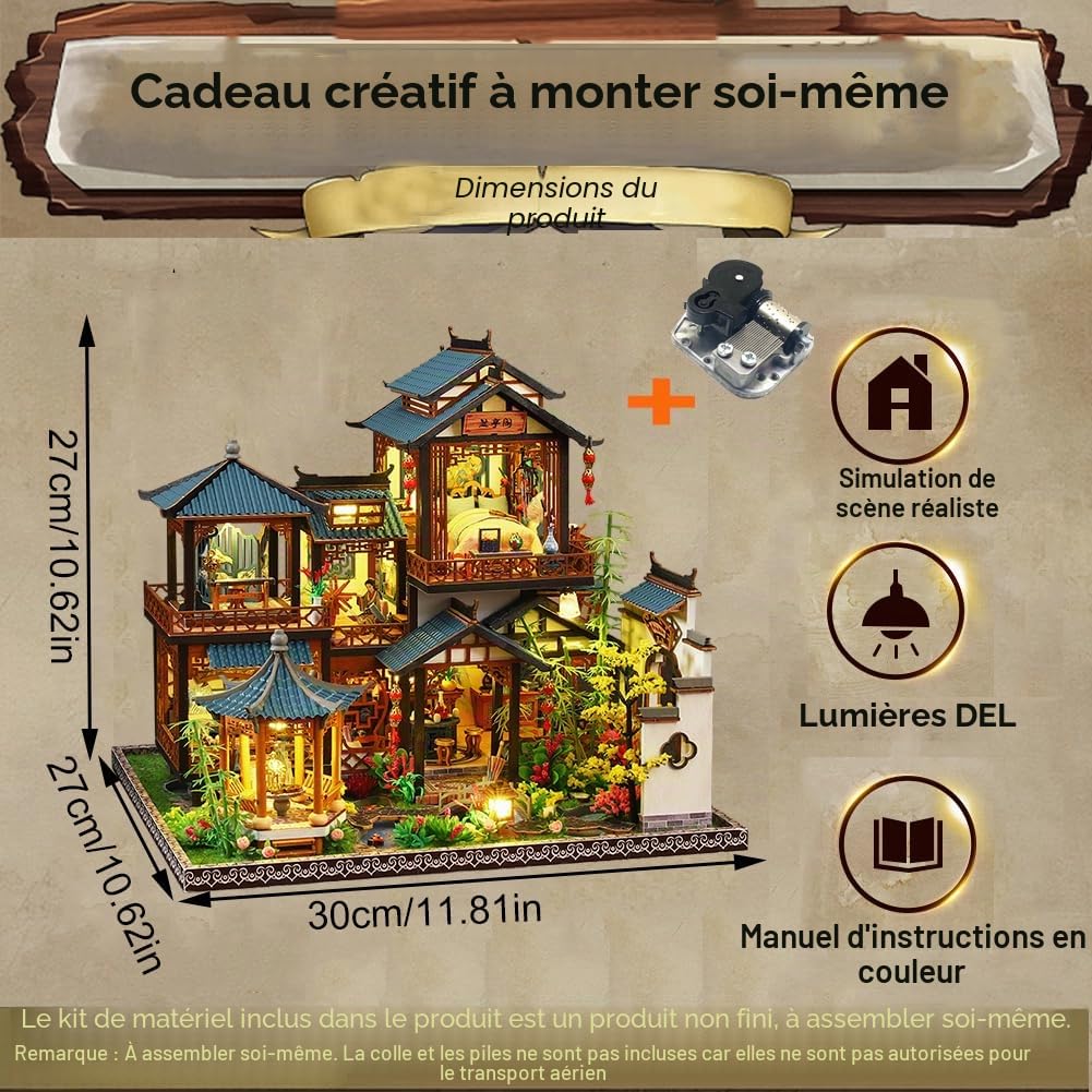 Kit de maison de poupée 3D en bois - Miniature - Style chinois - Scène de cour - Bâtiment avec musique - Créativité - Cadeau d'anniversaire d'Halloween (sans protection contre la poussière)