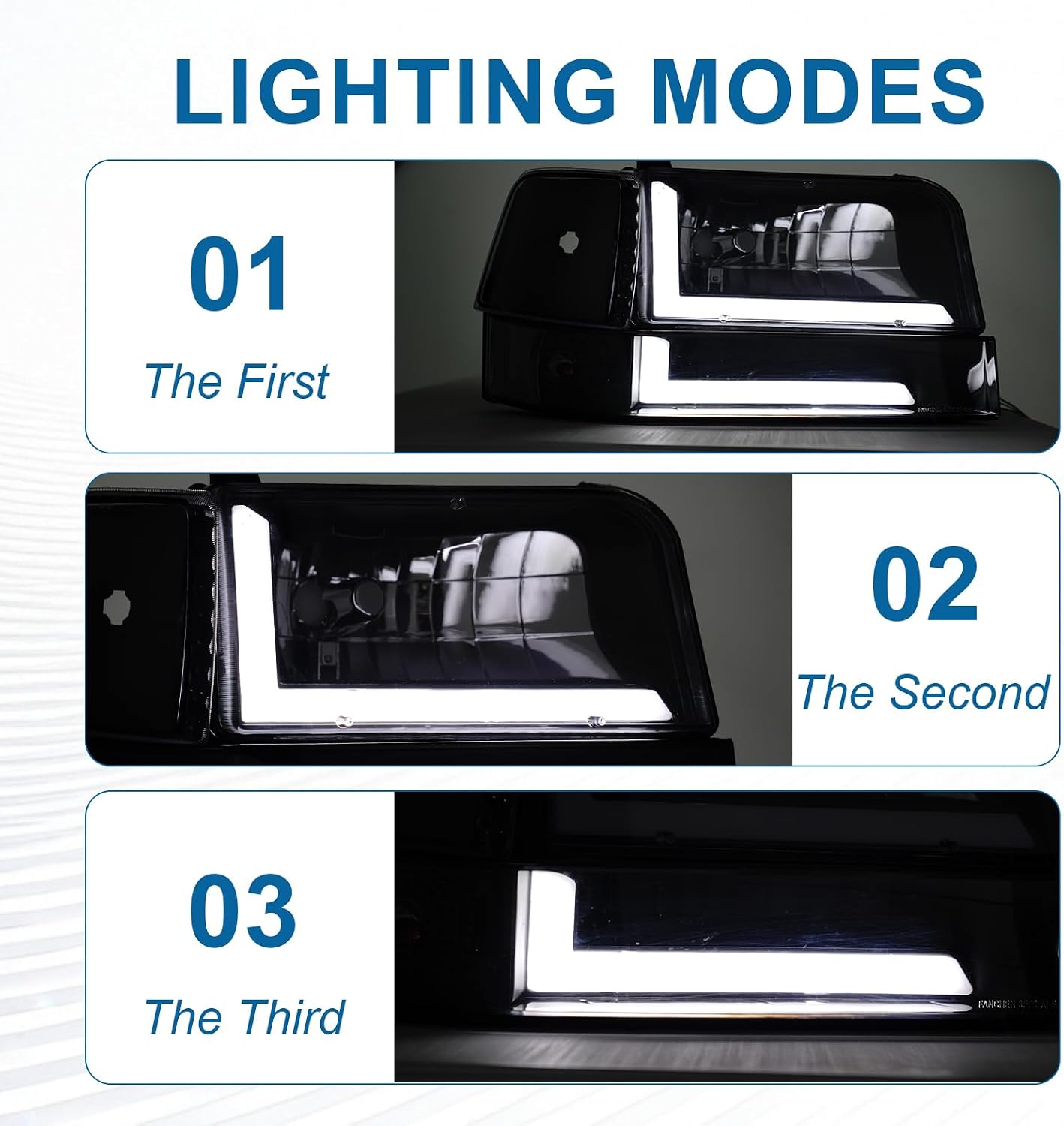 led drl headlights compatible with 1992-1996 ford f150 f250 f350 & bronco replacements headlamp clear reflector black housing black housing clear reflector (drl)