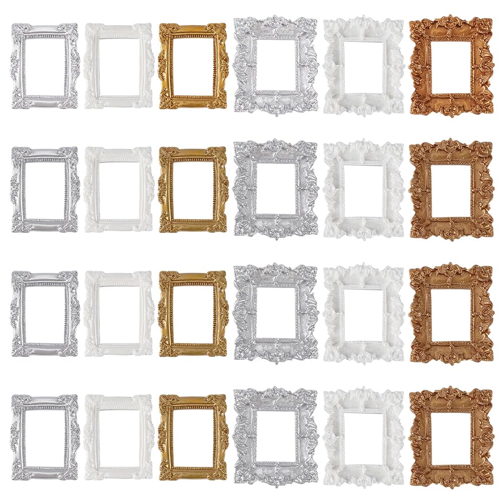 24Pcs 6 Styles Mini Resin Picture Frame Vintage Gold Silver White Tiny Antique Photo Frames Miniature Oval Rectangle Wall Hanging Frames Ornament for Desktop Party Decor Jewelry Display