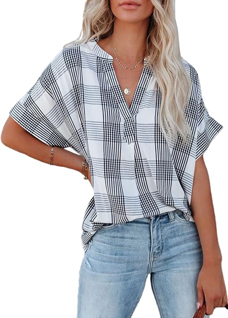 APOONABA Women's Casual Tunic Tops V Neck Short Sleeve Shirt Modesty Blouse