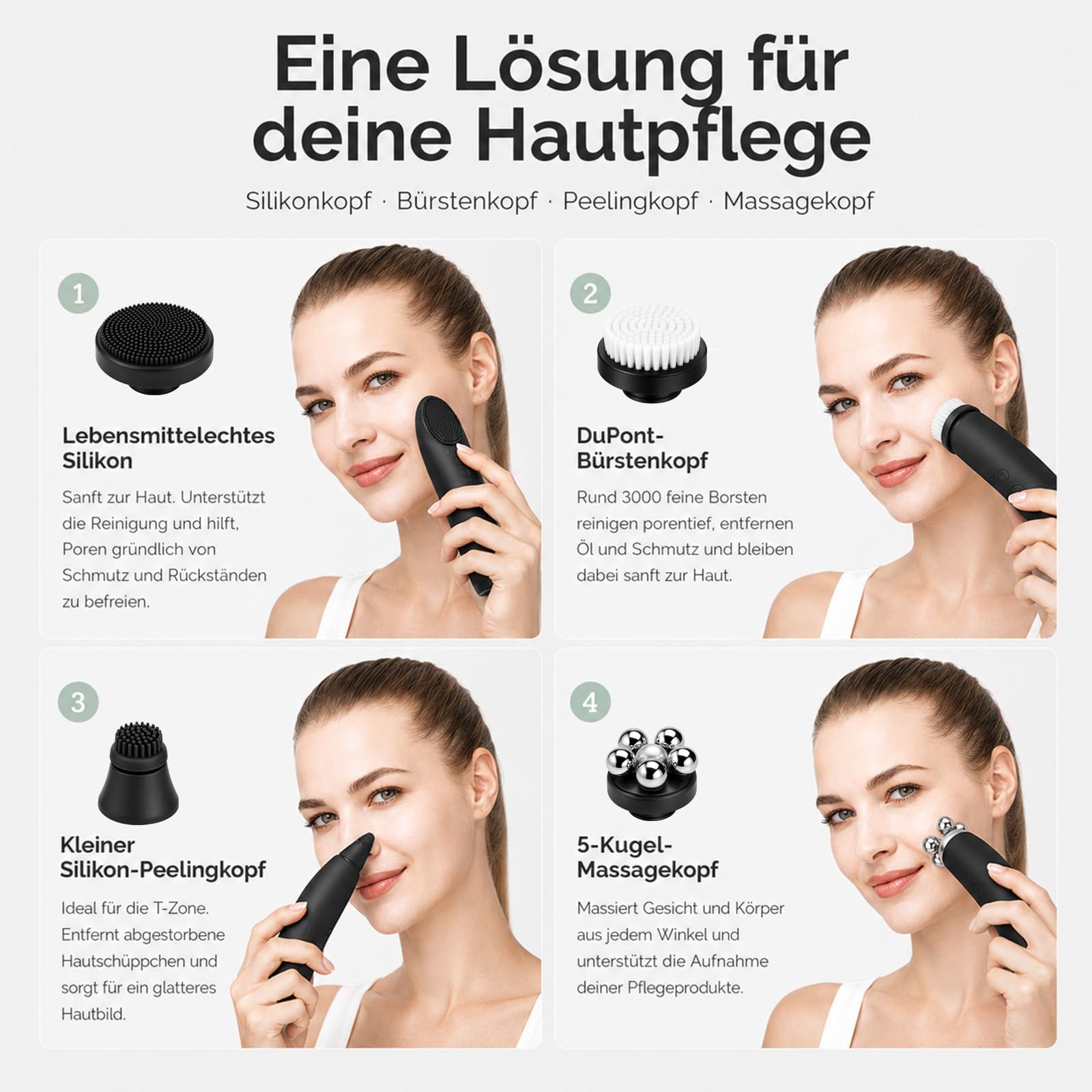 Vinvi Dermaglow Gesichtspflegegerät, 4-in-1 Beauty Tool mit Wärme, Mikrovibration, Massage- und Reinigungsaufsätzen, Porenreiniger und Gesichtsmassagegerät für Zuhause (Schwarz)