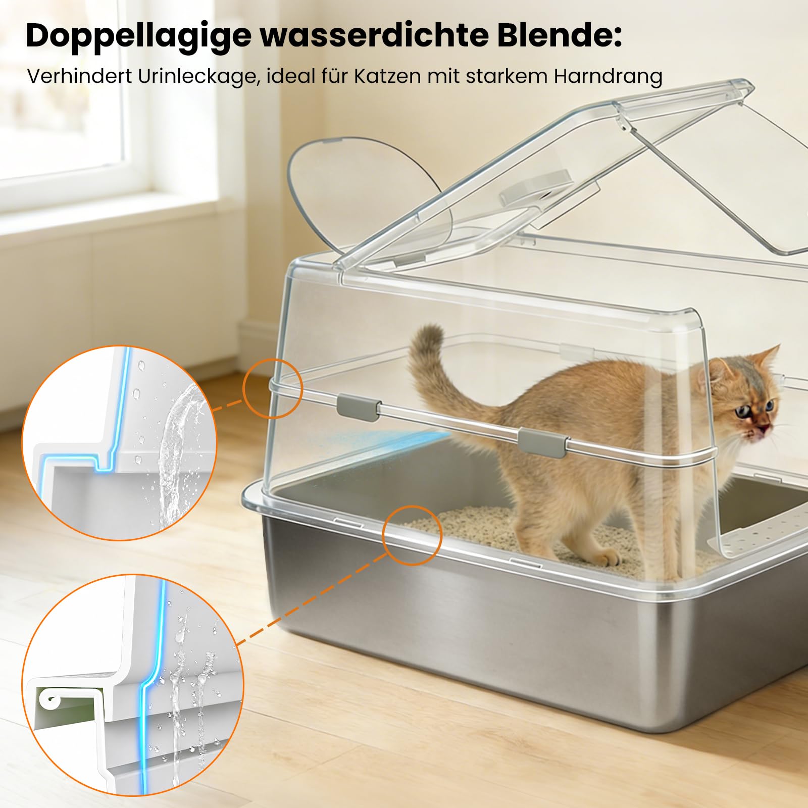 XXL Edelstahl Katzentoilette mit Deckel - 60x43x40cm Großes Katzenklo geschlossen, 120° Klappdeckel, Auslaufsicher für Stehpinkler & Große Katzen, inkl. Streu-Treppe & Schaufel, Grau