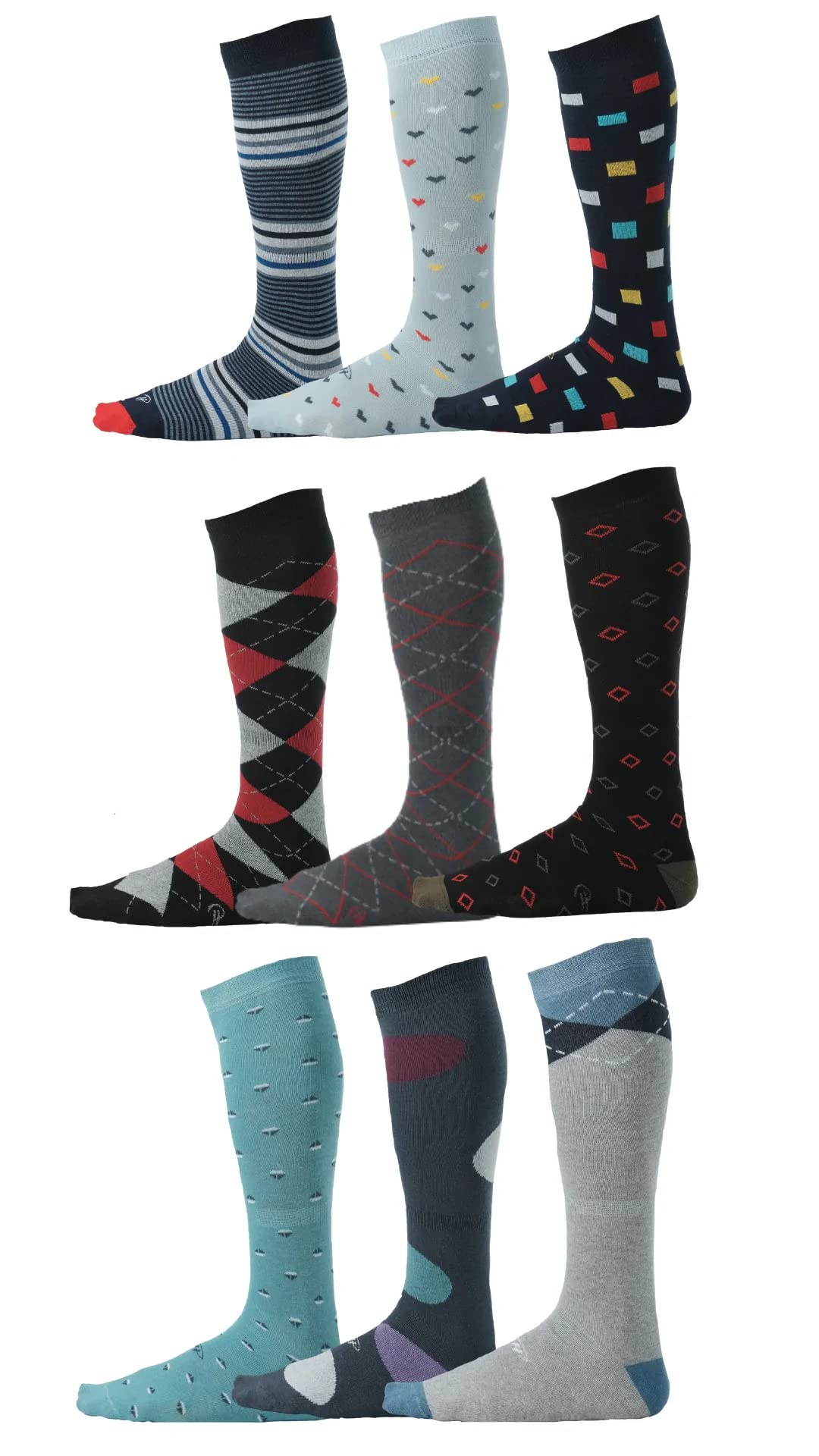 Pierre Henry Over the Calf Socks for Men (9 pairs) | Colorful Funky Dress Socks | Cotton made over the calf dress socks