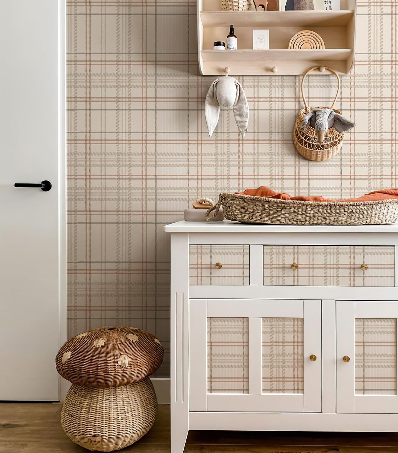 Peel and Stick Wallpaper Check Plaid Boho Neutral - Self Adhesive Waterproof Vinyl Wallpaper for Walls, Kitchen Backsplash, Bathroom, Bedroom, Rentals (Light, 17.3" X 472.44")