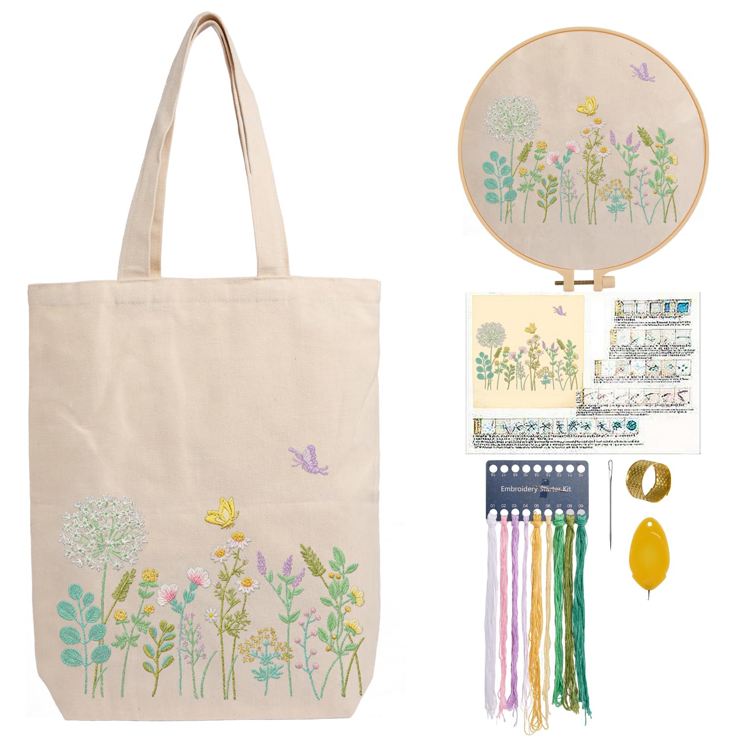 CREAWONDER Hand Embroidery Kits for Bag, Embroidery Kit Bag with Pattern for Beginners, Arts and DIY Embroidery Crafts Kits for Adults, Include Instructions, Embroidery Hoops, Color Threads and Tool