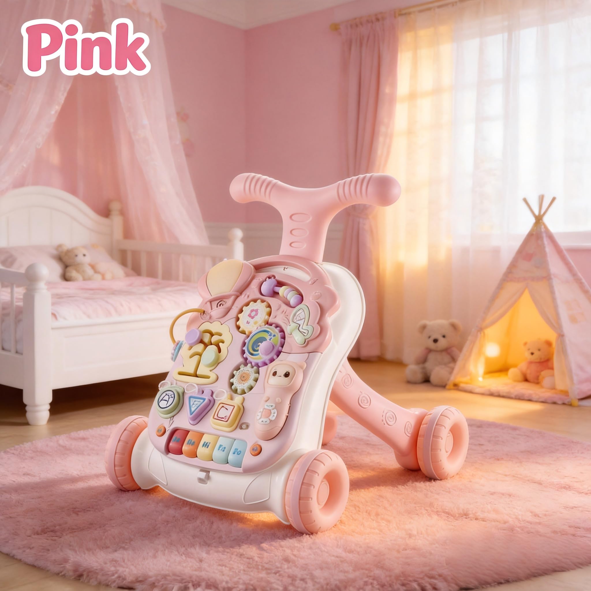 Andador Bebé primeros pasos, Caminante infantil, caminante de aprendizaje de 3 en 1 sentado, Centro de educación infantil temprana, regalo de juguete para niñas de 9 a 36 meses (Rosa)
