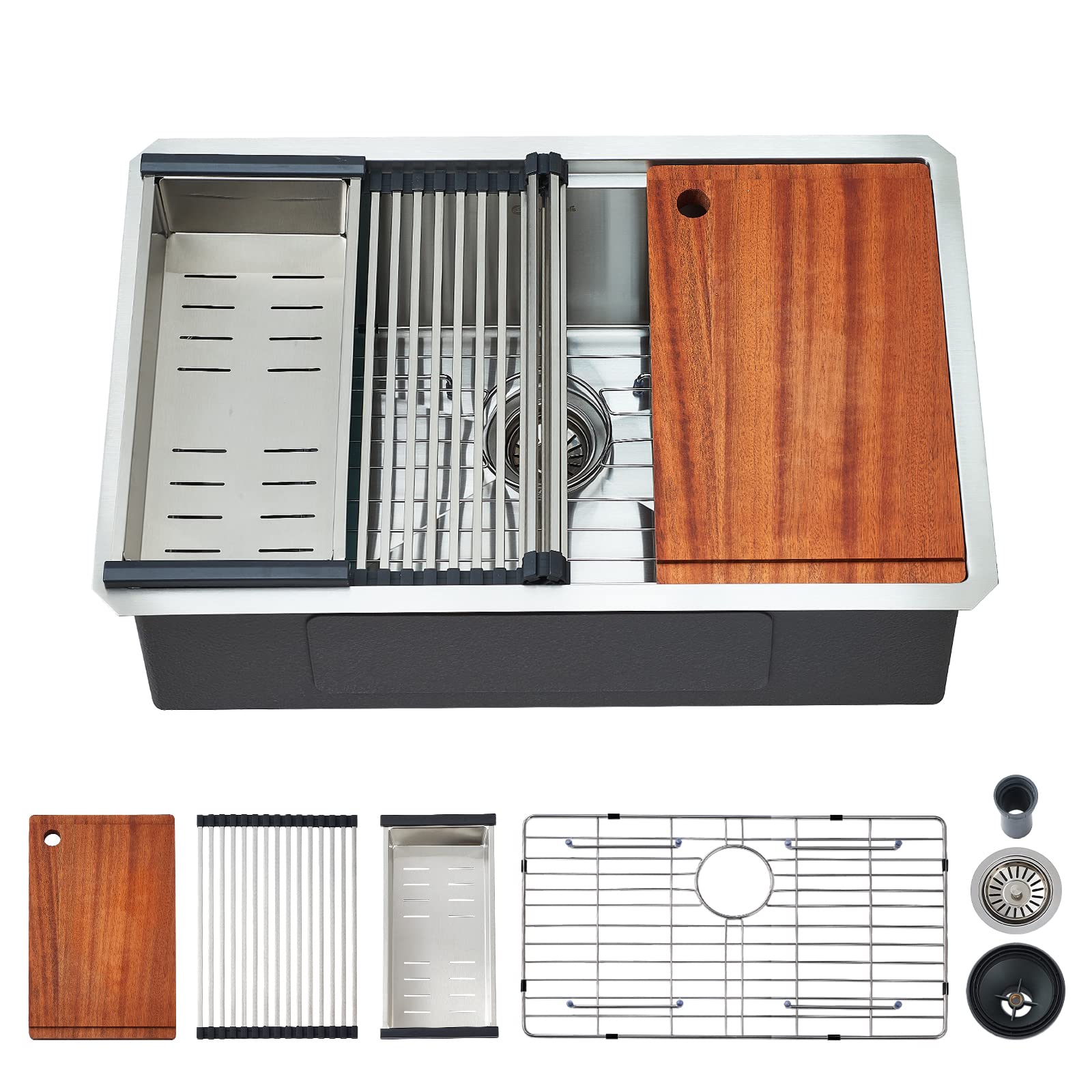 EcoChannels Undermount Kitchen Sink, 24 x 19 Inch Sink Kitchen 16 Gauge Stainless Steel Kitchen Sinks Single Bowl Workstation Sink with Cutting Board