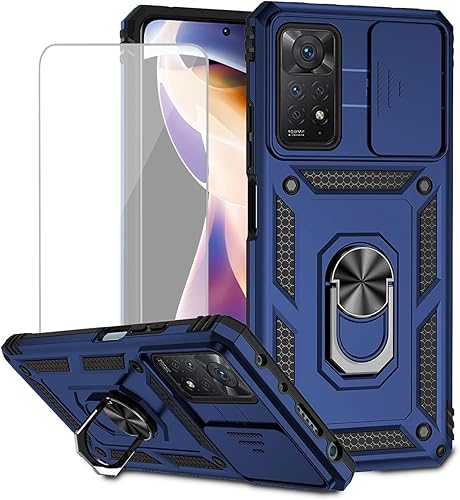 Funda para Redmi Note 11 Pro 4G5GRedmi Note 11E Pro con protector de pantalla de vidrio templado y cubierta de cámara deslizante, anillo magnético