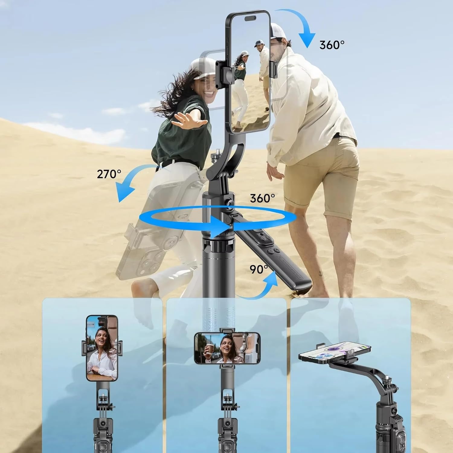 Image demonstrating the gimbal's multi-angle adjustment in an outdoor setting, showing 360-degree horizontal rotation, 270-degree vertical tilt, and 90-degree elevation, with examples of portrait, landscape, and top-down phone orientations.
