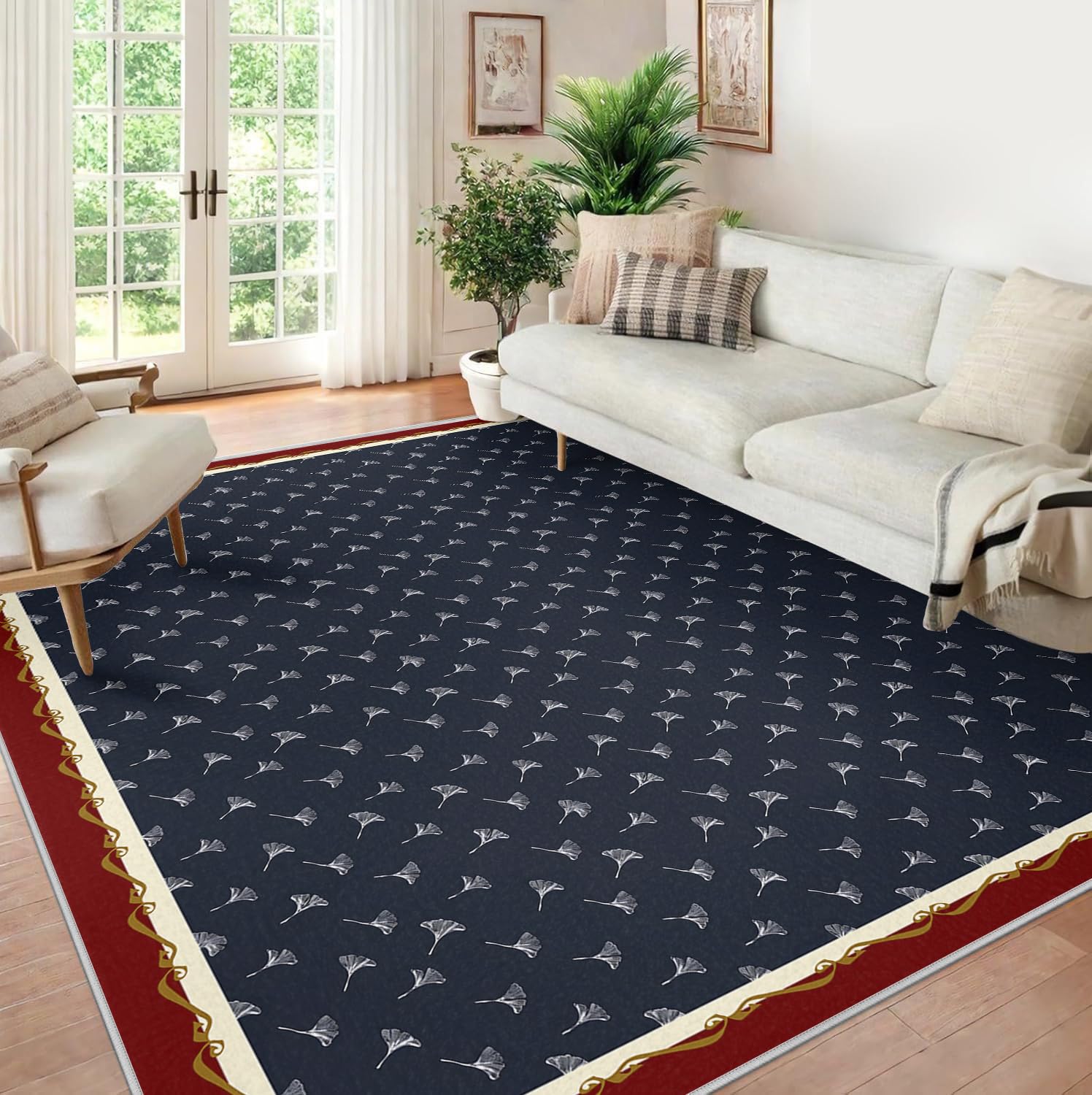 Tapis 140x200 navy leaf pattern carpette doux bas poil lavable antidérapant