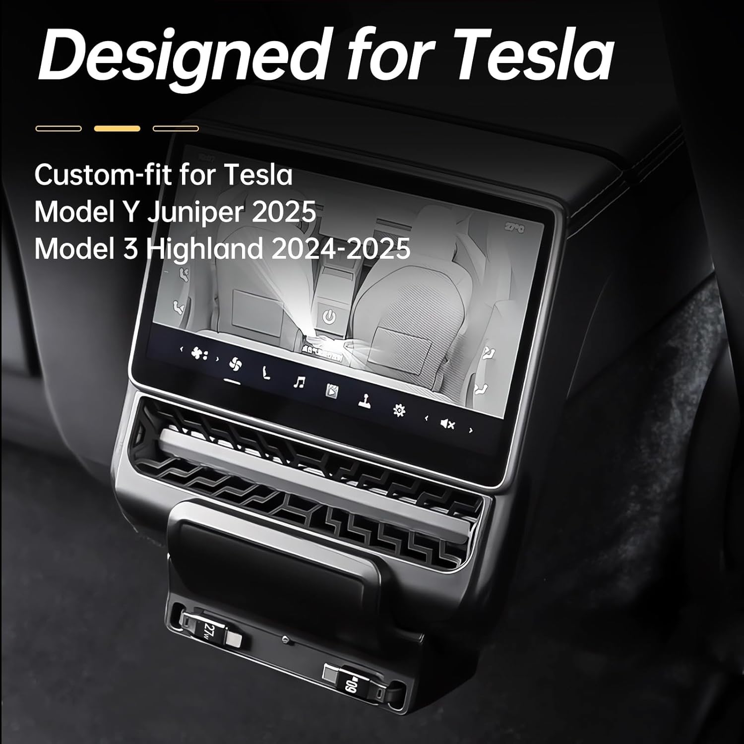 USB Hub for Tesla Model Y Juniper 2025 2026 Model 3 Highland 2024 2025, 87W Multi Port Center Console Fast Charger Rear Vent Air Outlet Expansion Cover Docking Station with Retractable Cables