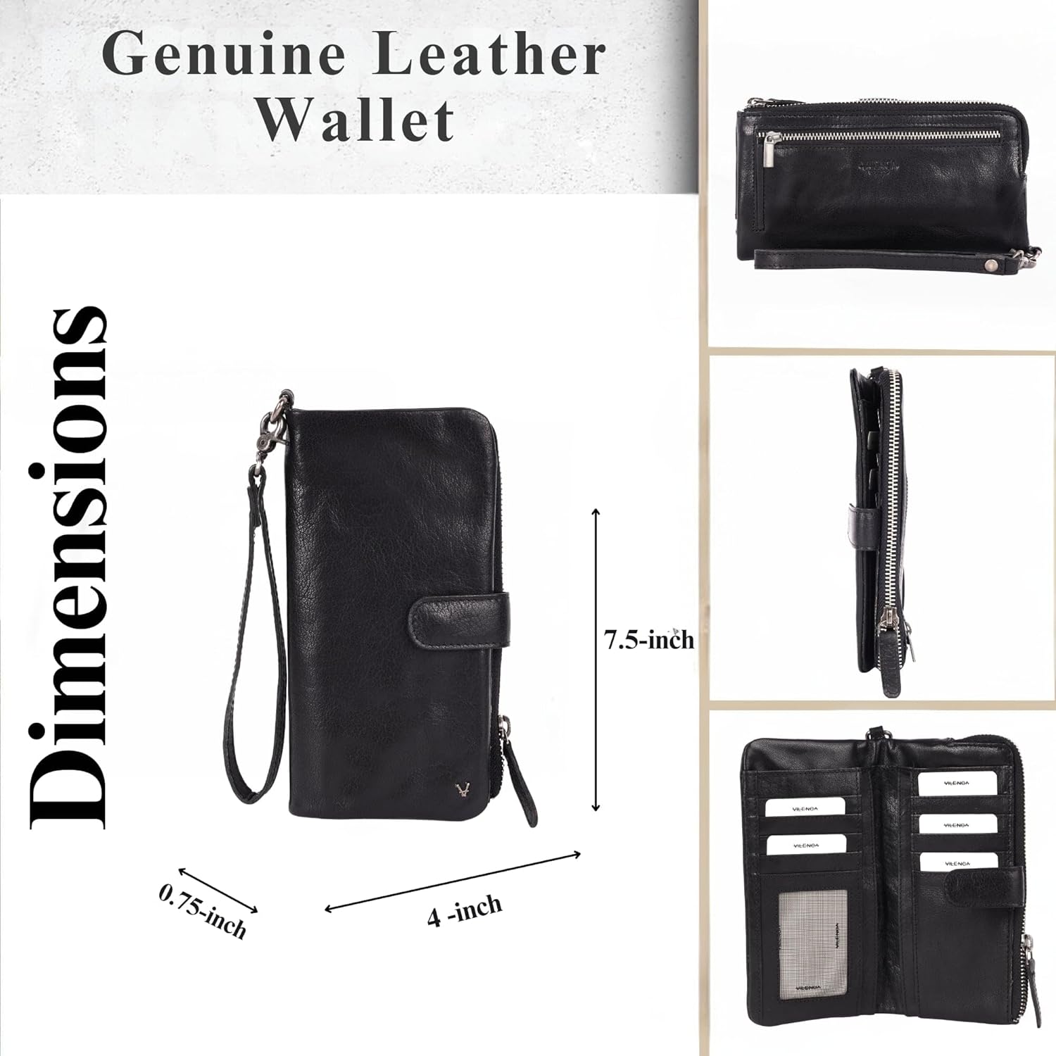 Genuine Leather Wallets for Women, Small Wallet for Ladies Zipper Coin Purse Credit Card Holder with detachable wristlet (Black) - Image 4