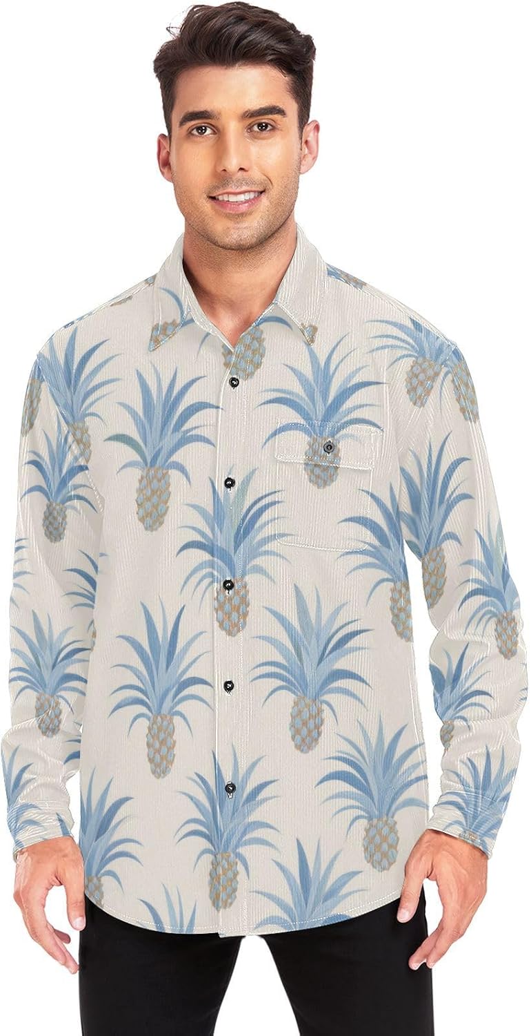 Pineapple Summer Blue Beige Woolen Cord Fabric Mens Rugby Shirts Long Sleeve for Women Casual with Pockets