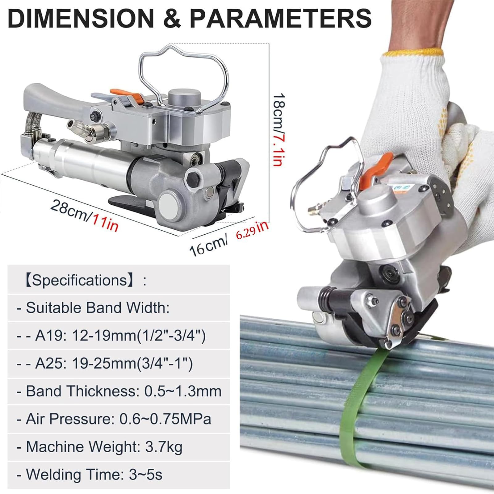 Pneumatyczne Urządzenie do Taśmowania, Maszyna do Taś PET/PP 3500N | Taśmy PET PP 13-19mm/19-25mm, Czas Zgrzewania 2-5S, Automatyczne Narzędzie do Taśmowania Palet, Kartonów(A19)