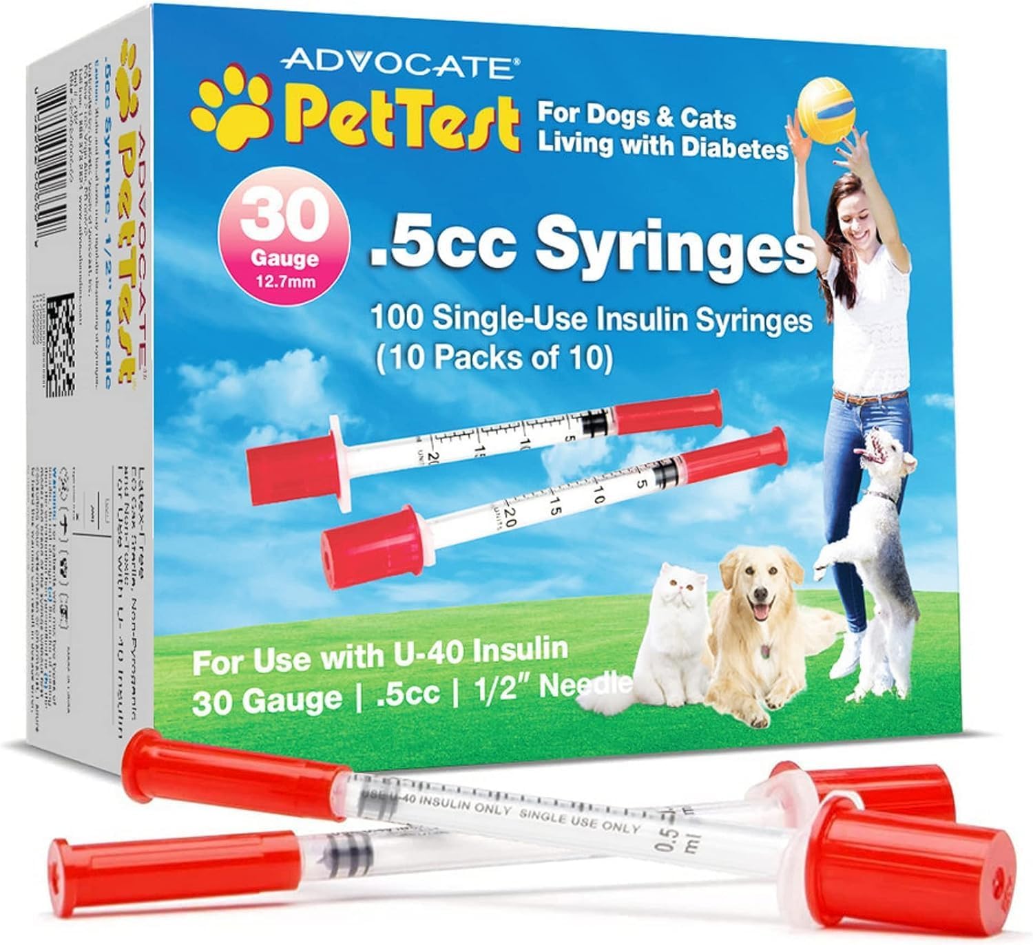 PetTest U-40 Pet Insulin Syringes 0.5CC 30G, 1/2 inch Long Needles, Comfortable Thin 30 Gauge, For Larger Dogs Tough Skin, Pets Diabetic Supplies,100 Pack