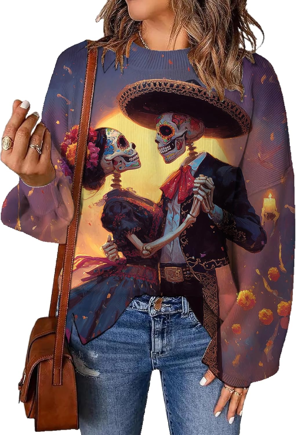 Womens Sweaters Novelty Festival Print Crewneck Knitted Pullover Tops Chunky Comfy Fall Winter Jumper