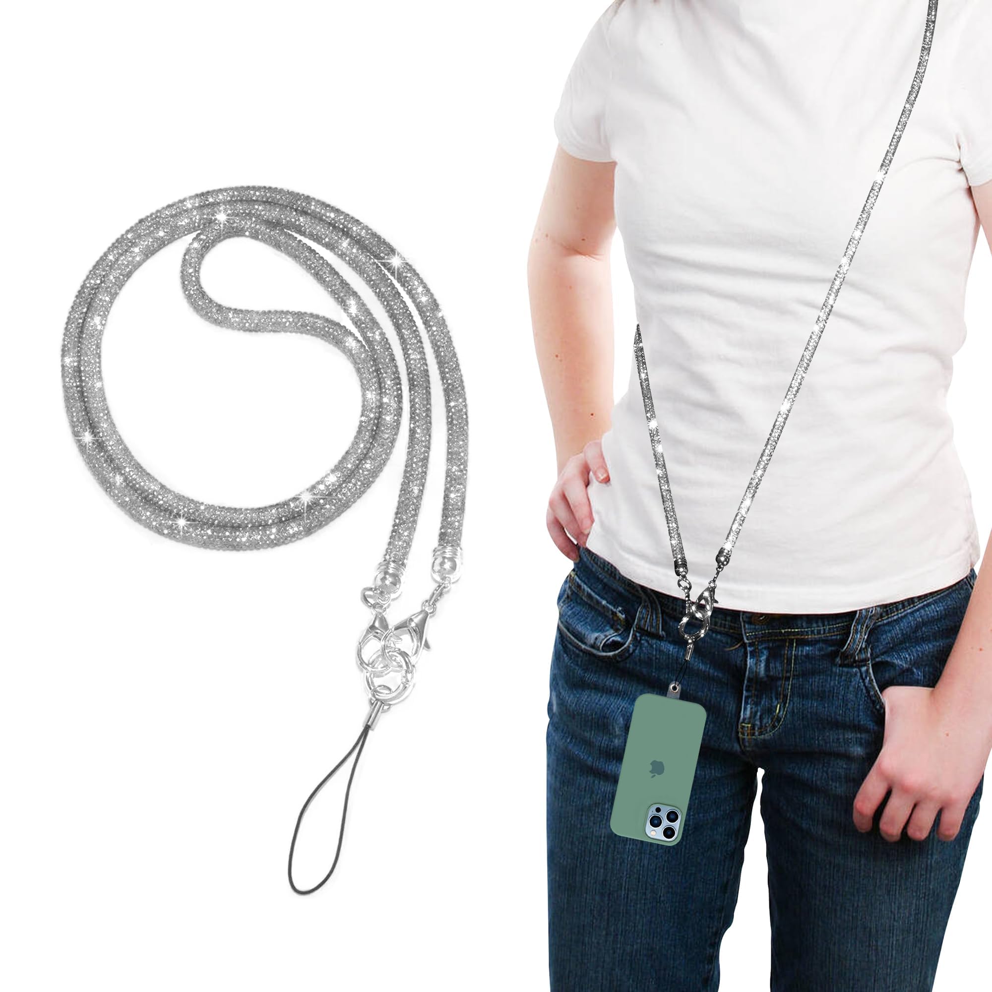 GadgetBite Diamond Charm Phone Lanyard - Cross Body Lanyard, Mobile Holder Strap, Hands-Free Neck Hanging Chain Accessory, Compatible With Iphone & Most Smartphones, Charms For Phone Case.(Silver