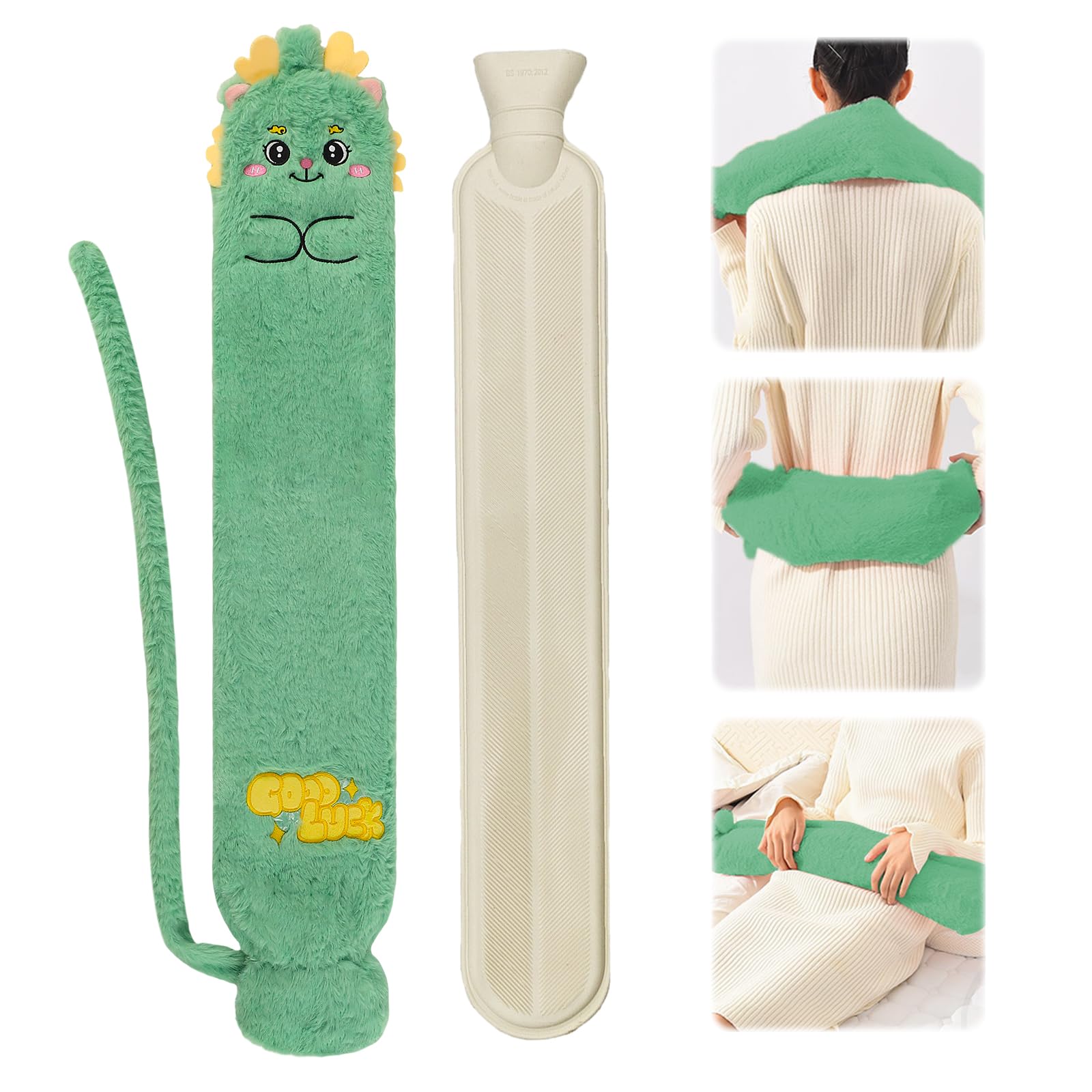 Borsa Acqua Calda Lunga, Borsa Acqua Calda Peluche, 1.5 Litri 72x12 cm Borsa Dellacqua Calda in Gomma con Coperchio, Adatto per collo, pancia e schiena, alleviare il dolore (Verde/Dinosauro)