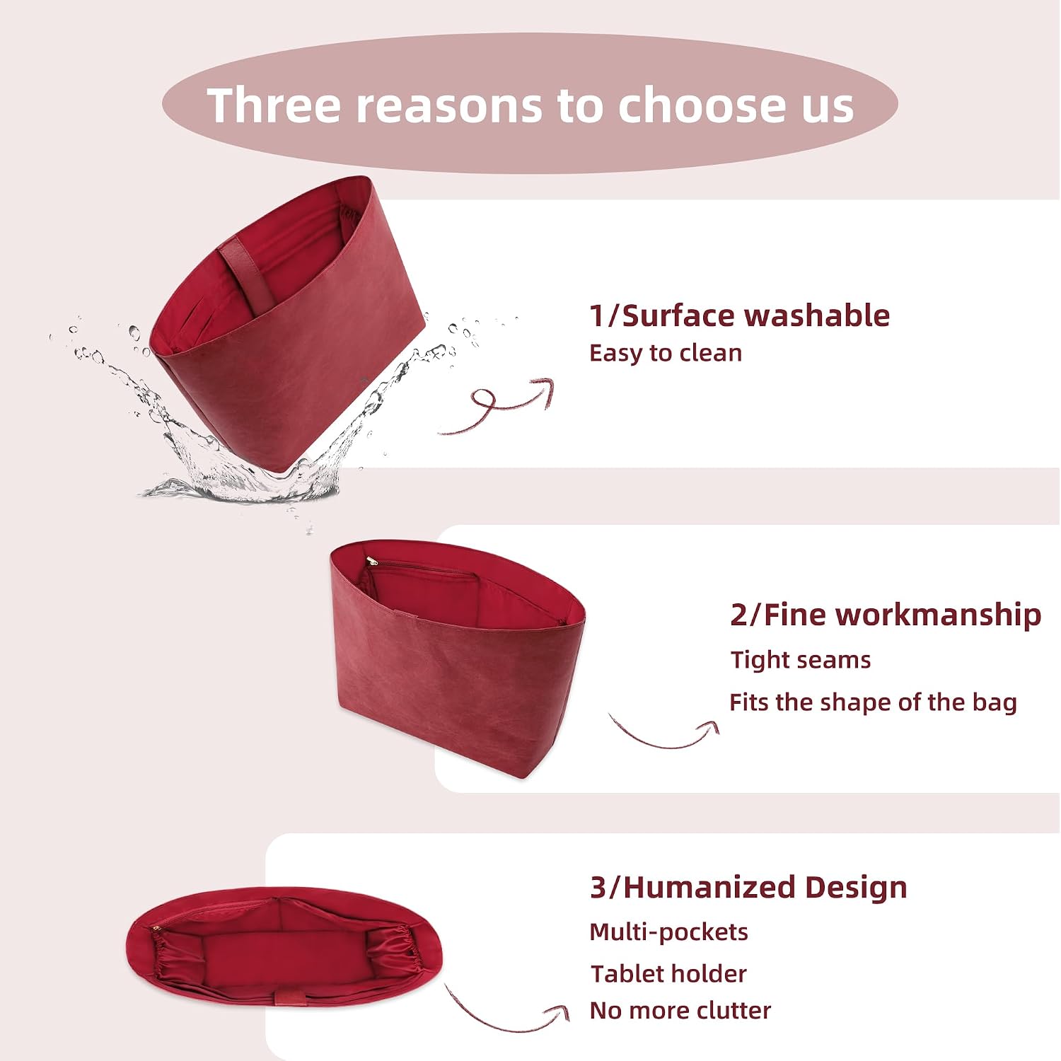Lightweight Bag Insert for City Tote 33, Side Zipper, Wine Red image 5