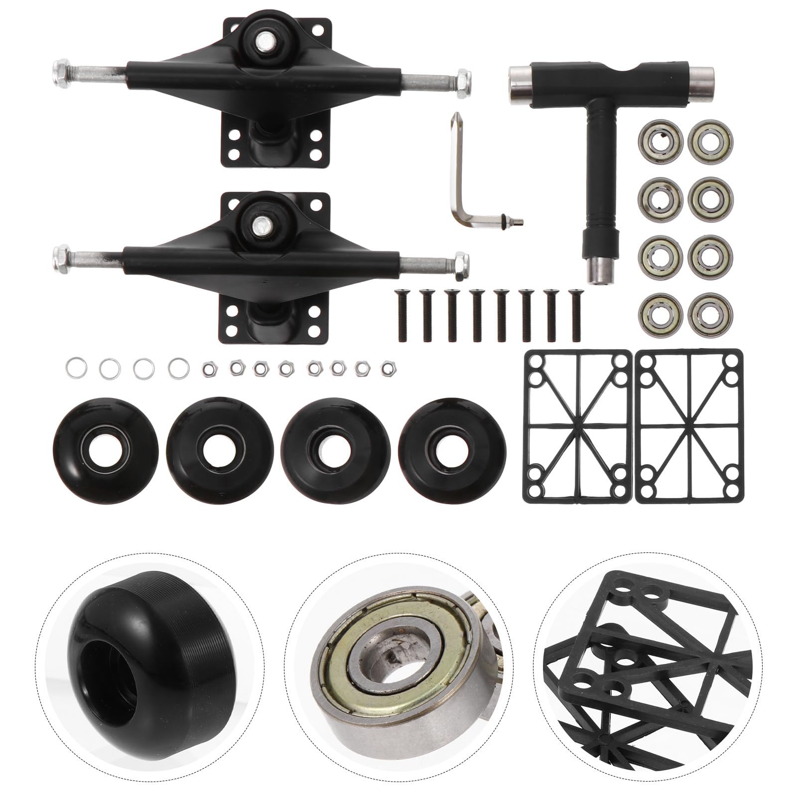 Veemoon Kit Complet de Pont Skateboard à Double Inclinaison en Alliage D’Aluminium Noir Roues PU et Jeu de Roulements de Skateboard pour Remplacement et Réparation Usage Plusieurs Styles
