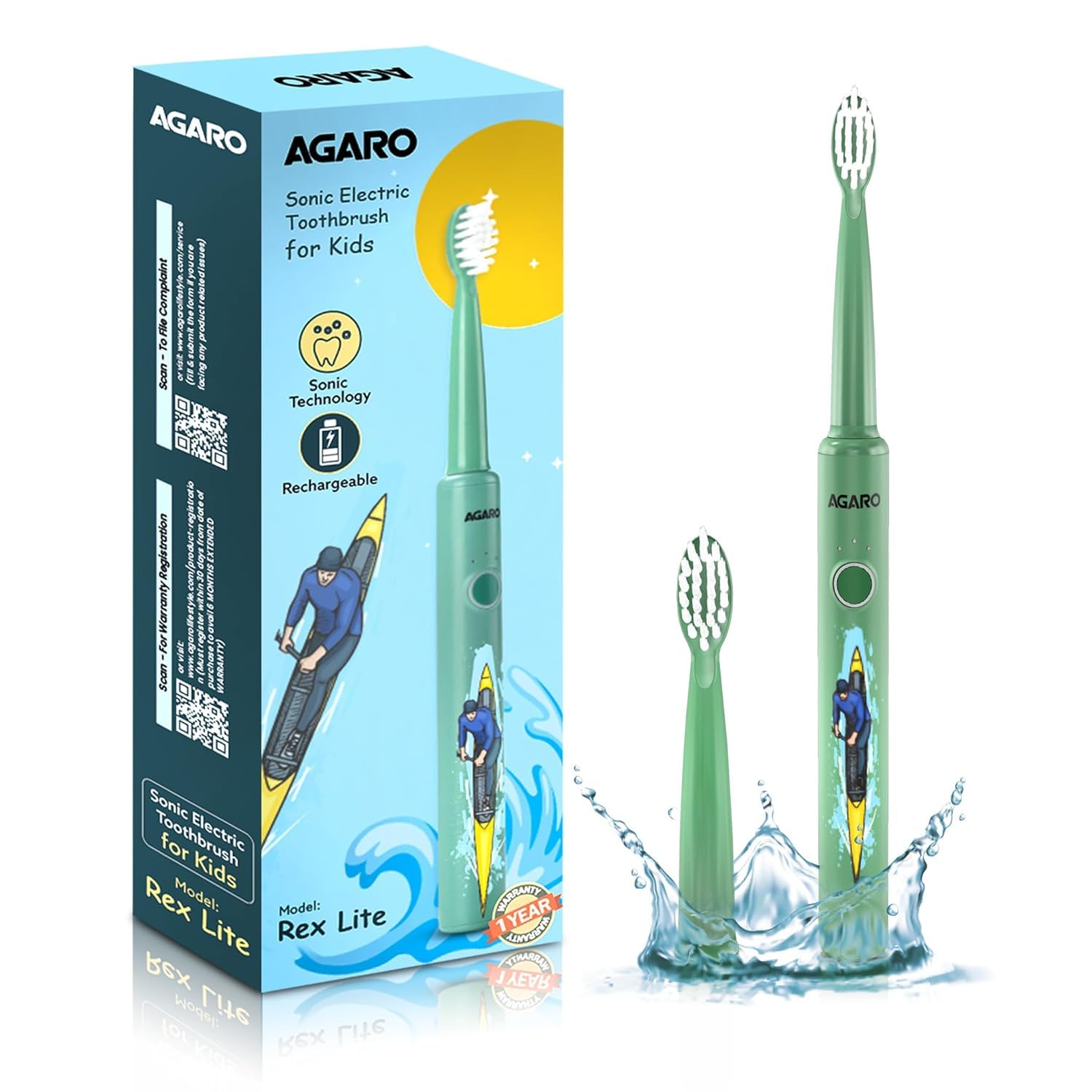 AGARO REX Lite Sonic Electric Kids Toothbrush with 3 Brushing Modes, 19000 Strokes per minute, Dupont Soft Nylon Bristles, Rechargeable Battery, Power Tooth Brush, Repleacble Heads