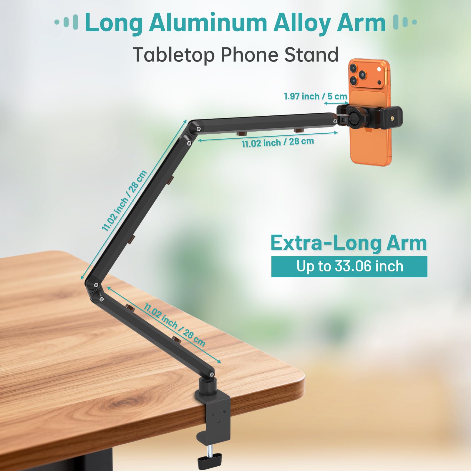 Mippko Supporto per telefono da scrivania, braccio articolato regolabile a 3 livelli per iPhone, resistente, con morsetto a C, braccio lungo pieghevole da 83,8 cm e supporto girevole a 360°, adatto