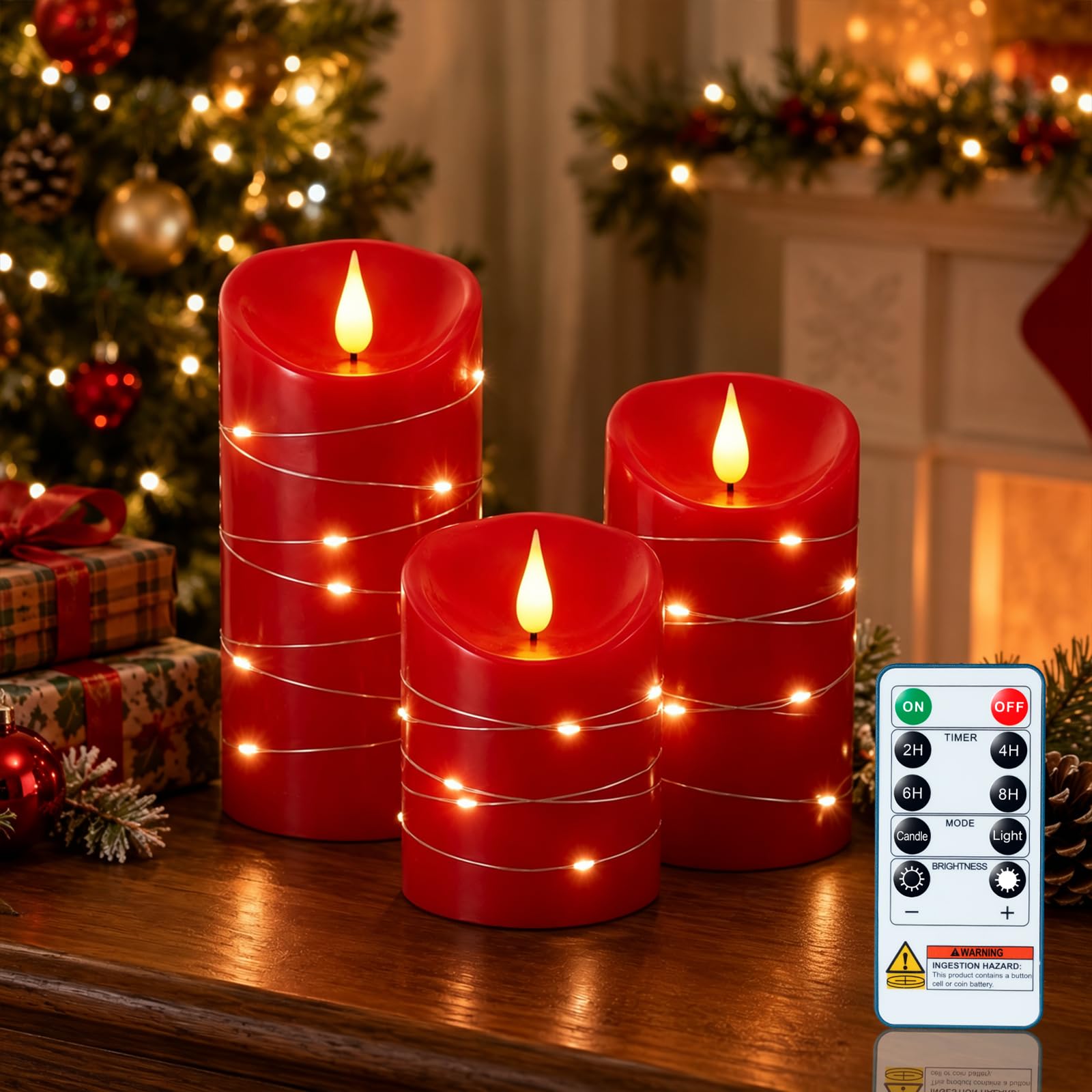 Homemory Candele rosse senza fiamma con luci a corda, confezione da 3 candele a LED in vera cera con stoppini 3D, candele a batteria con telecomando a 11 tasti e timer, per decorazioni natalizie, 7,6