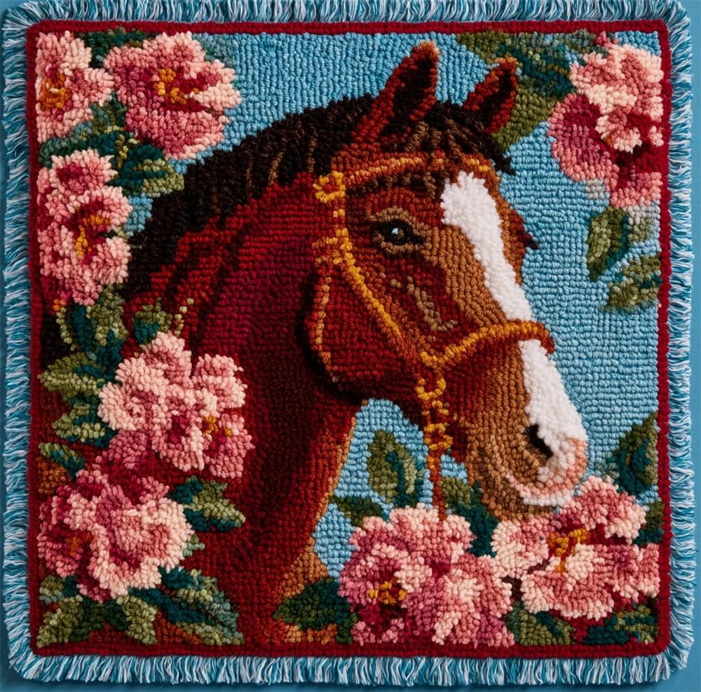 kitphoenix Pre Printed Latch Hook Pillow Kit Horse and Flowers