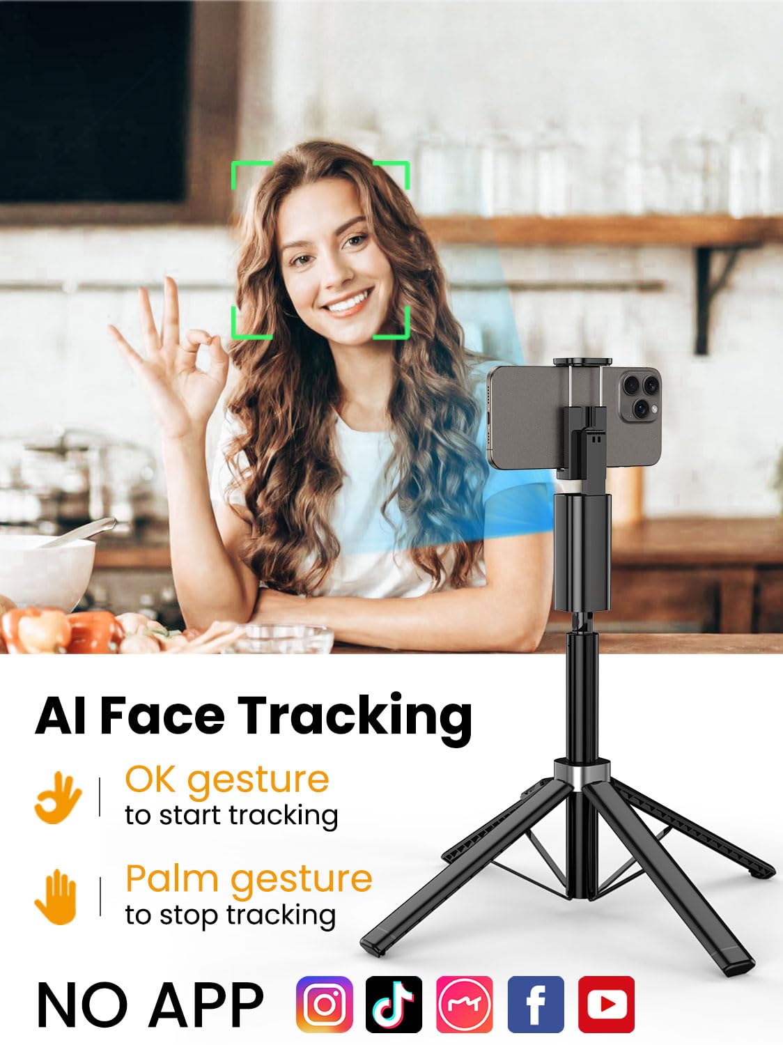 AOCHUAN Trípode de seguimiento facial para iPhone, palo selfie expandible de 57 pulgadas para iPhone, trípode de teléfono para Android con control remoto, sin aplicación, control de gestos, esencial