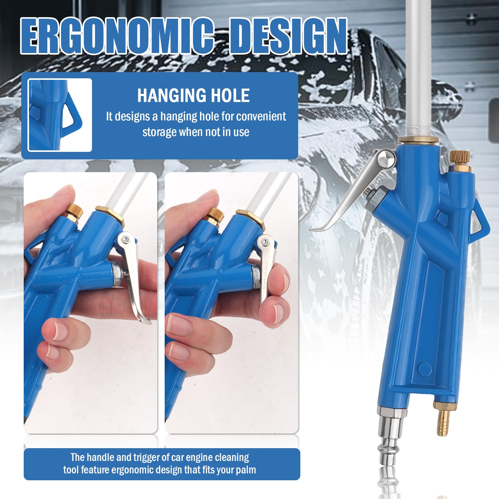 Pistolet de nettoyage pour moteur à air comprimé avec tuyau de 1 m, pistolet pulvérisateur pneumatique coudé pour nettoyage de détail de la poussière du moteur de voiture, pistolets à air long