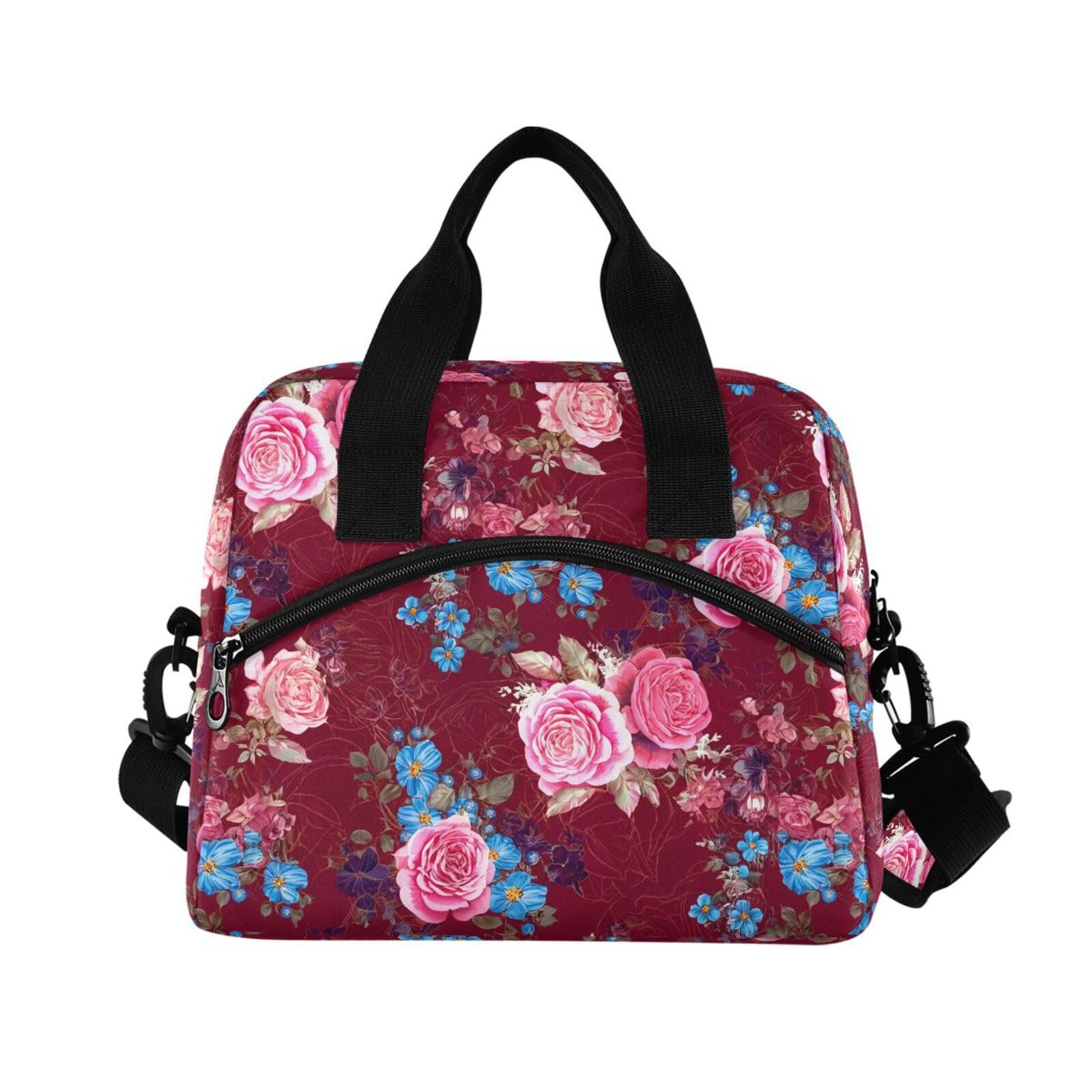 Sinestour Insulated Lunch Bag Reusable Cooler Rose Floral Red Lunch Box Adjustable Shoulder Strap for Adults Men Women