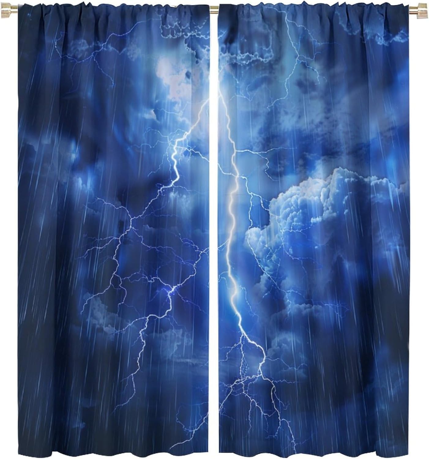 Nature Sky Weather Blackout Curtains for Bedroom/Living Room, Cloud Lightning Storm Rain Thermal Insulated Curtains Rod Pocket Window Drapes, 2 Panels/Each 21" W x 45" L
