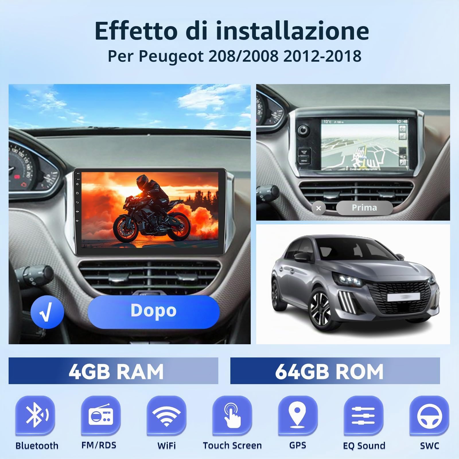 [4G+64G] Android Autoradio per Peugeot 208/2008 2012-2018 con Wireless Carplay & Android Auto, Schermo Touch IPS 10.1 pollici con GPS, WiFi, 32EQ, Bluetooth 5.0, Radio FM/RDS