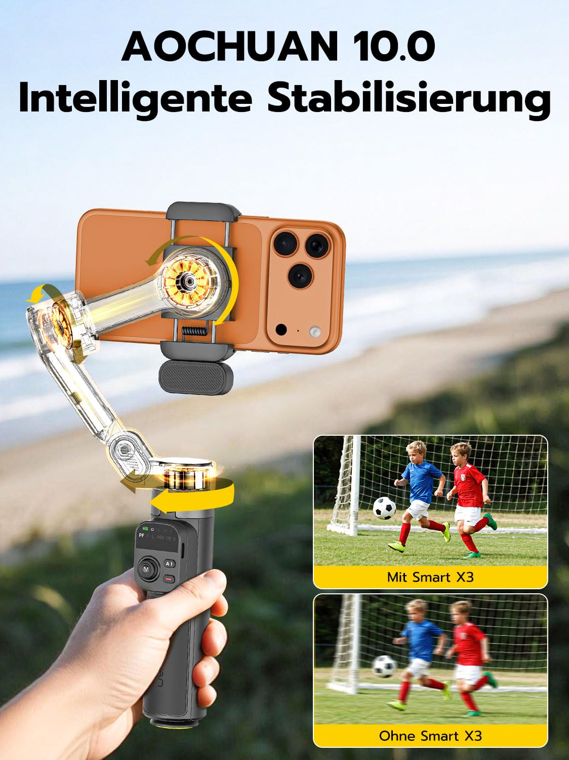 AOCHUAN Gimbal-Stabilisator für iPhone,KI-Tracking-Modul und Aufhelllicht, 3-Achsen-Anti-Shake mit magnetischer Fernbedienung, EIN-klick-Stativauslösung, integrierter Verlängerungsstange, Smart X3 AI