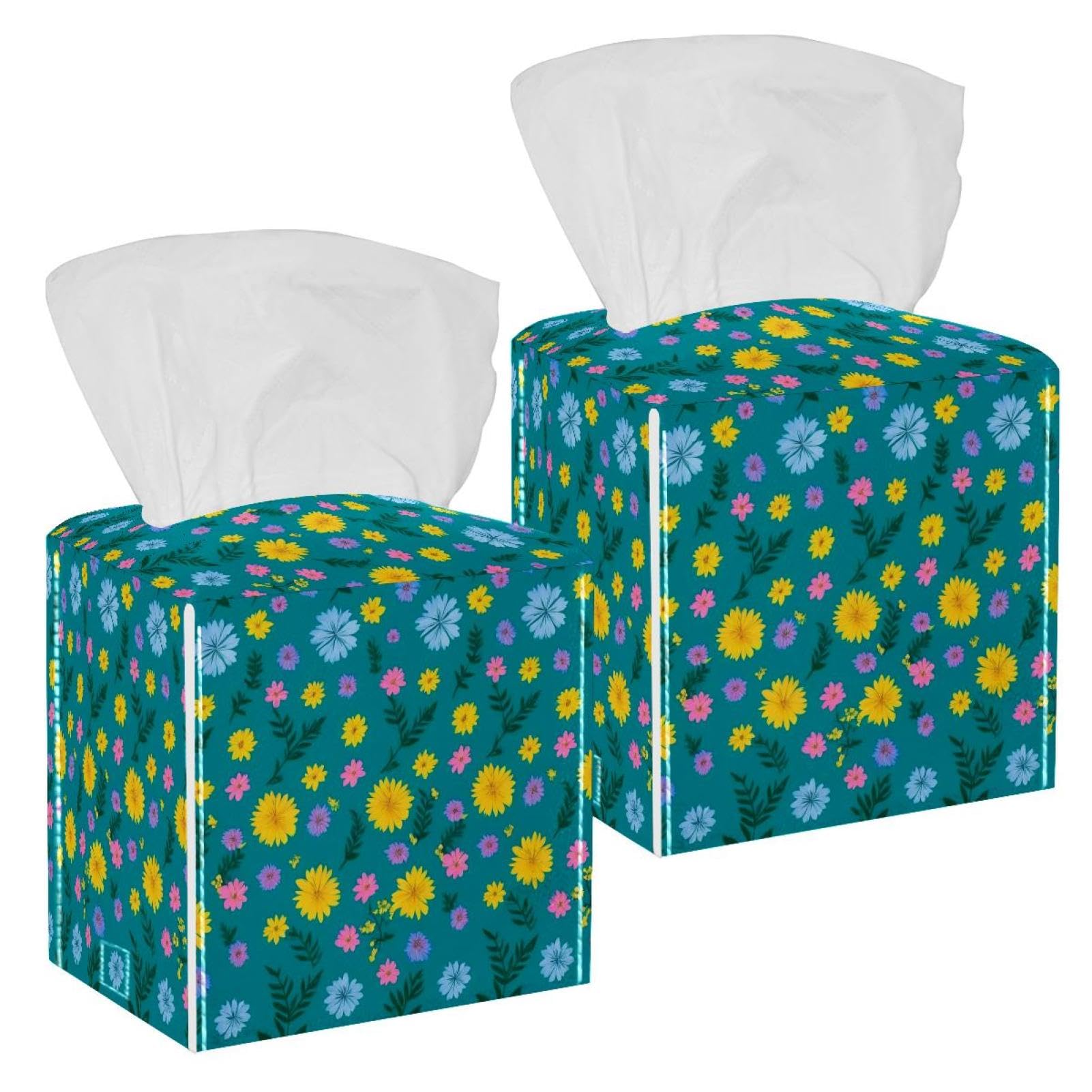 Aesthetic Flower Tissue Box Cover, 2 Pack PU Leather Square Facial Tissue Dispenser Box holder for Home Office Car