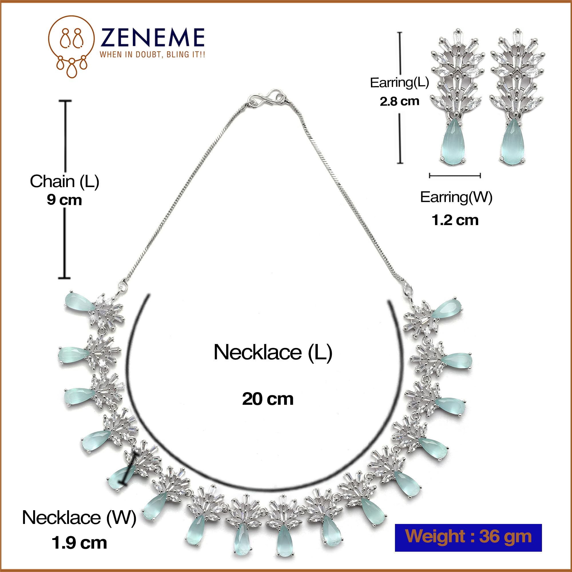 American Diamond Necklace Earrings Set, Rhodium-Plated