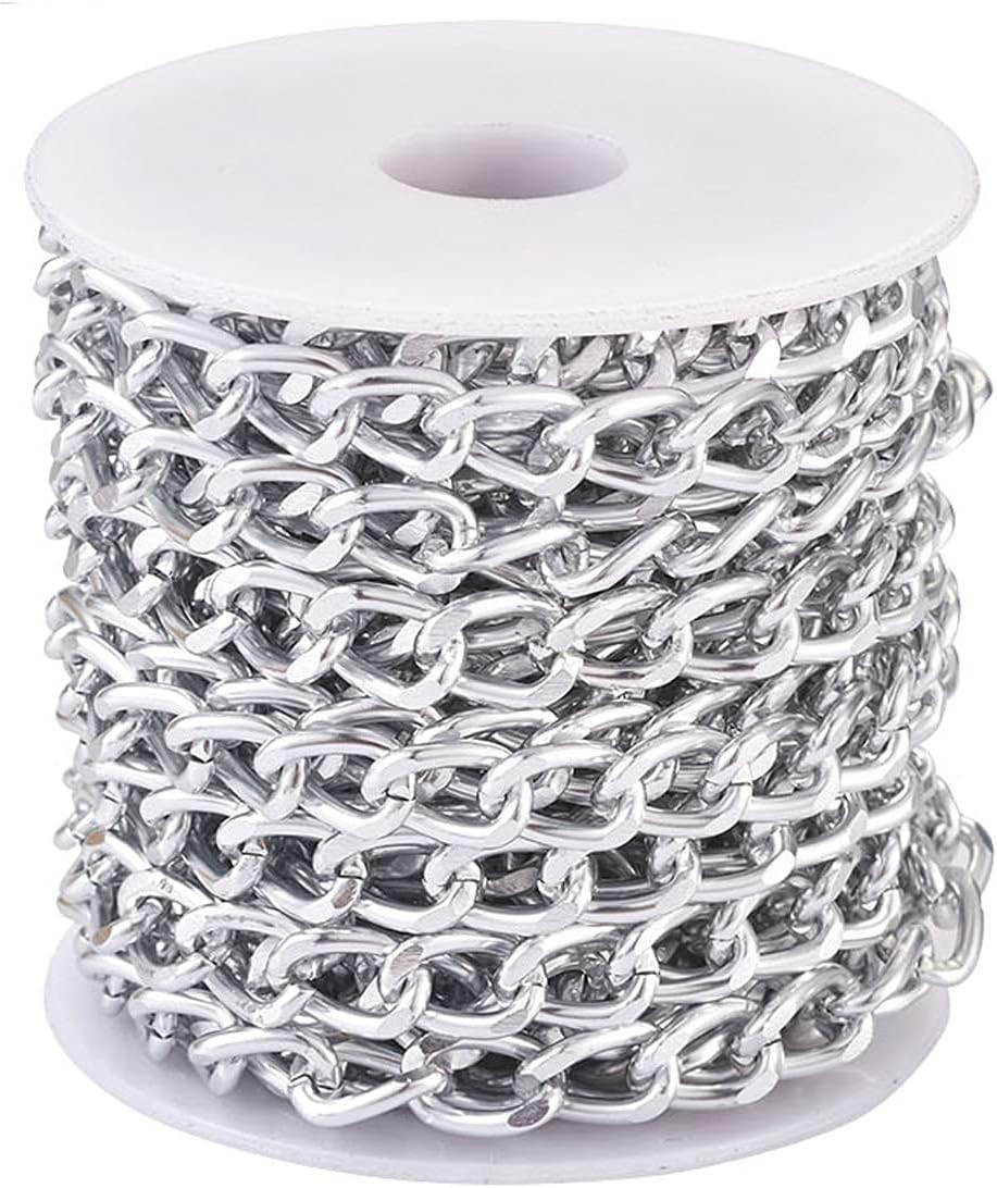 Pandahall 328Feet Aluminium Twisted Curb Chains 10x6.5x1.8mm Unwelded Cross Chains with Spool for DIY Bracelet Necklace Jewelry Making (Silver)