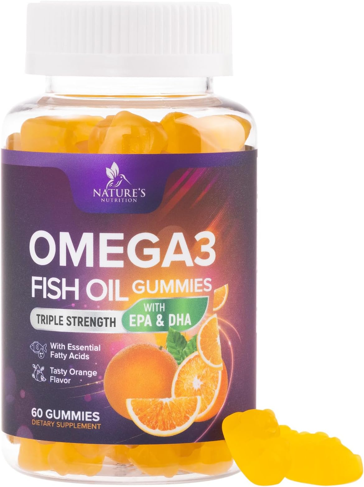 Nature's Nutrition Omega 3 Fish Oil Gummies - Extra Strength EPA & DHA Omega-3 Fatty Acids - Tasty Orange Flavor, Natural Brain and Joint Support, Delicious Gummy Vitamin for Men & Women - 60 Gummies