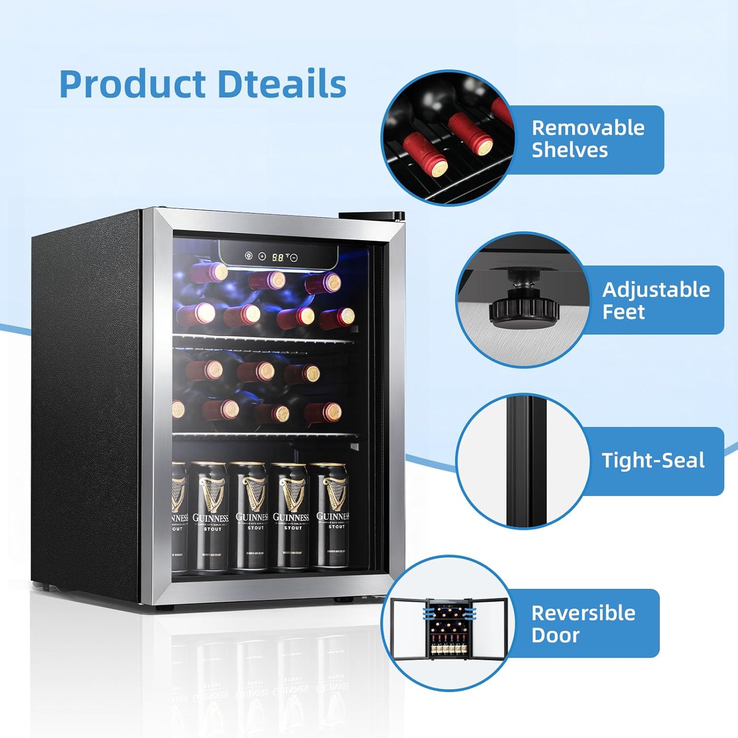 Antarctic Star 1.7 Cu.Ft Beverage Cooler for Up to 68 Cans, Compact Drink Fridge with Stainless Steel Glass Door, Digital Display and Electronic Temperature Control, Silver