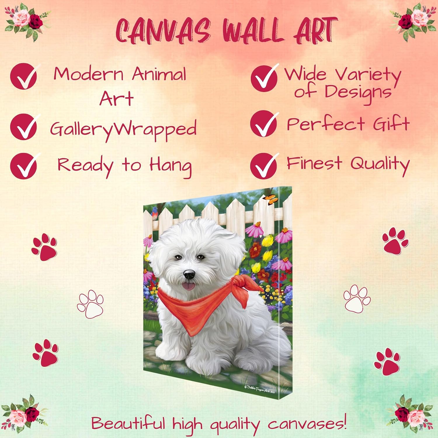 Spring Floral with Bichon Frise Dogs Canvas Wall Art - Premium Quality Ready to Hang Room Decor - White Floating Framed 24" x 36"